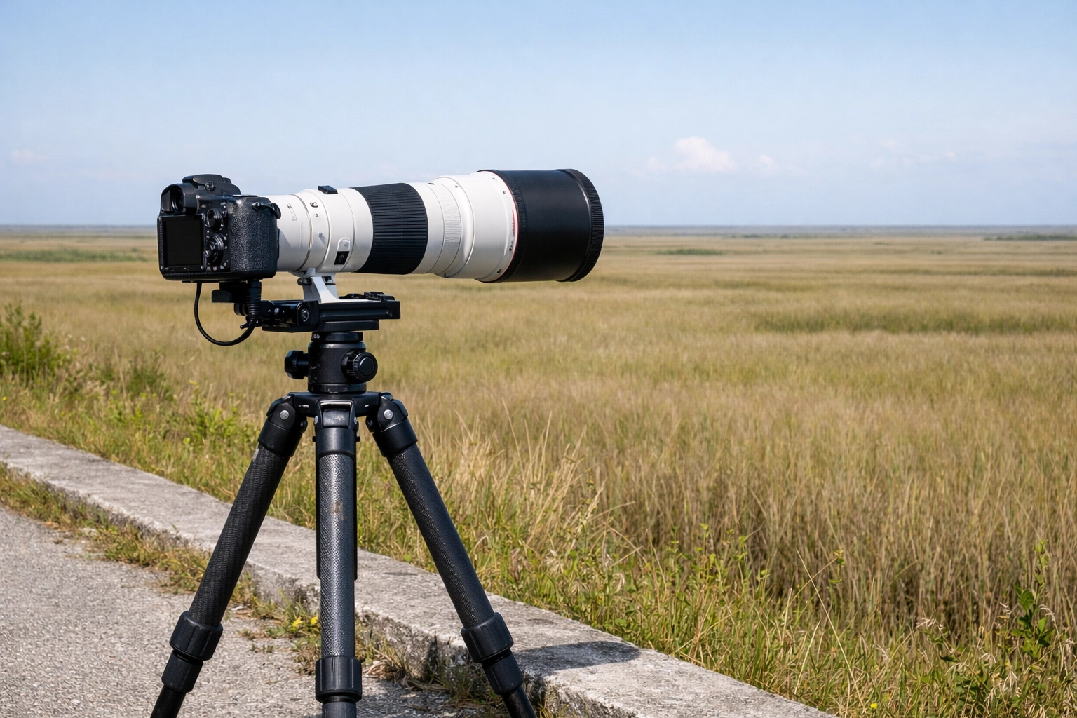 Professional camera with a telephoto lens on a tripod overlooking Shark Valley in the Everglades.