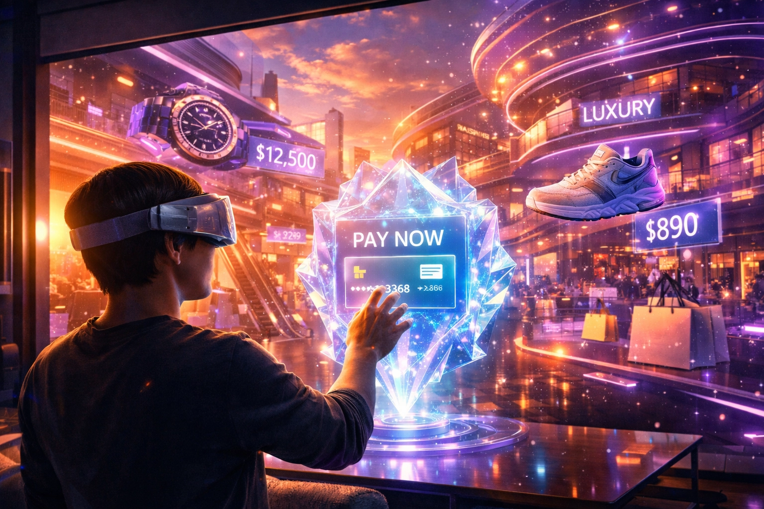 Immersive metaverse shopping experience with holographic products and integrated Web3 crypto payment options.