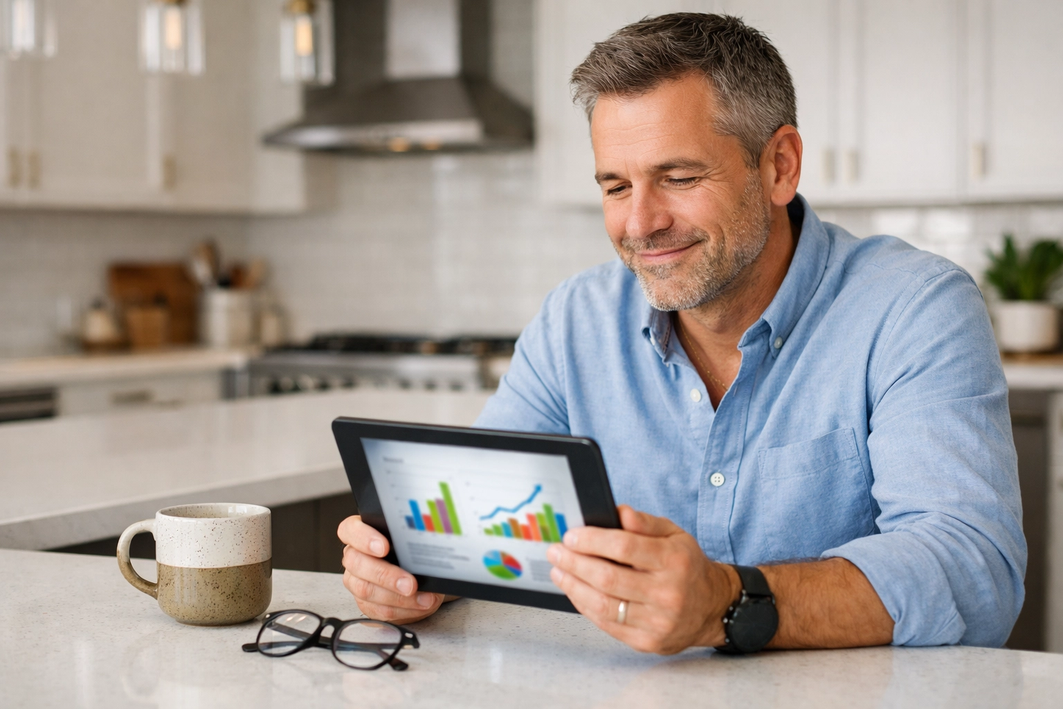 Property owner monitoring rental income and ROI growth through professional management services.