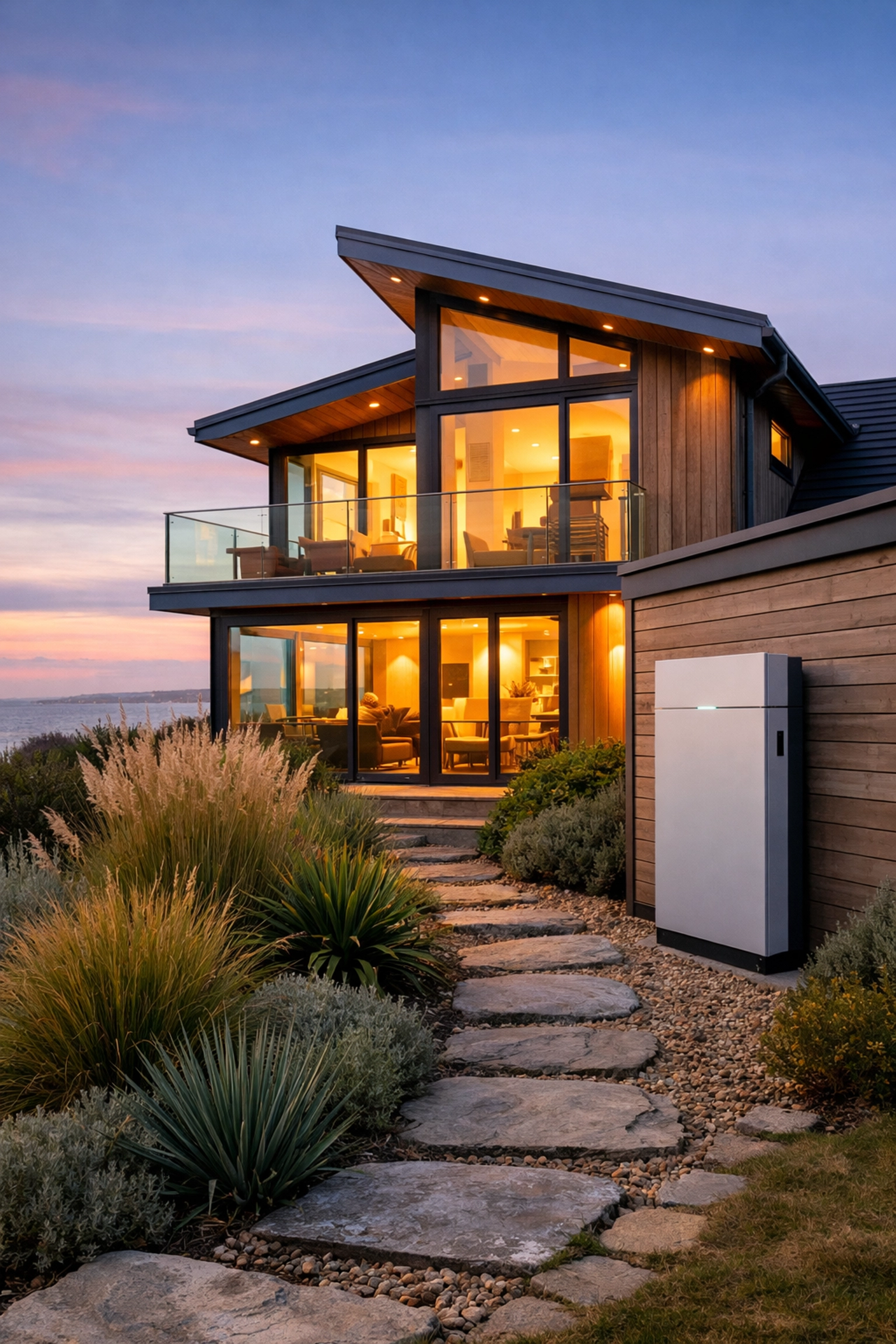 Modern Bournemouth home featuring a discreetly installed solar battery storage system in a landscaped garden.