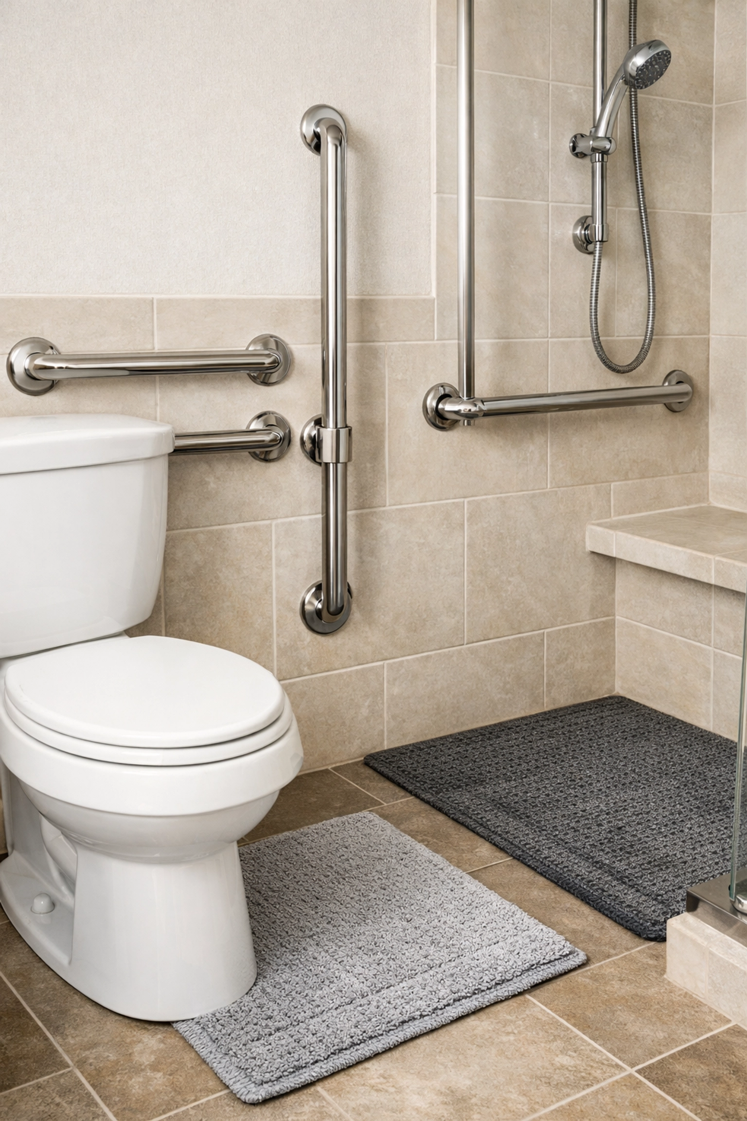Bathroom safety features including grab bars and non-slip mats for fall prevention