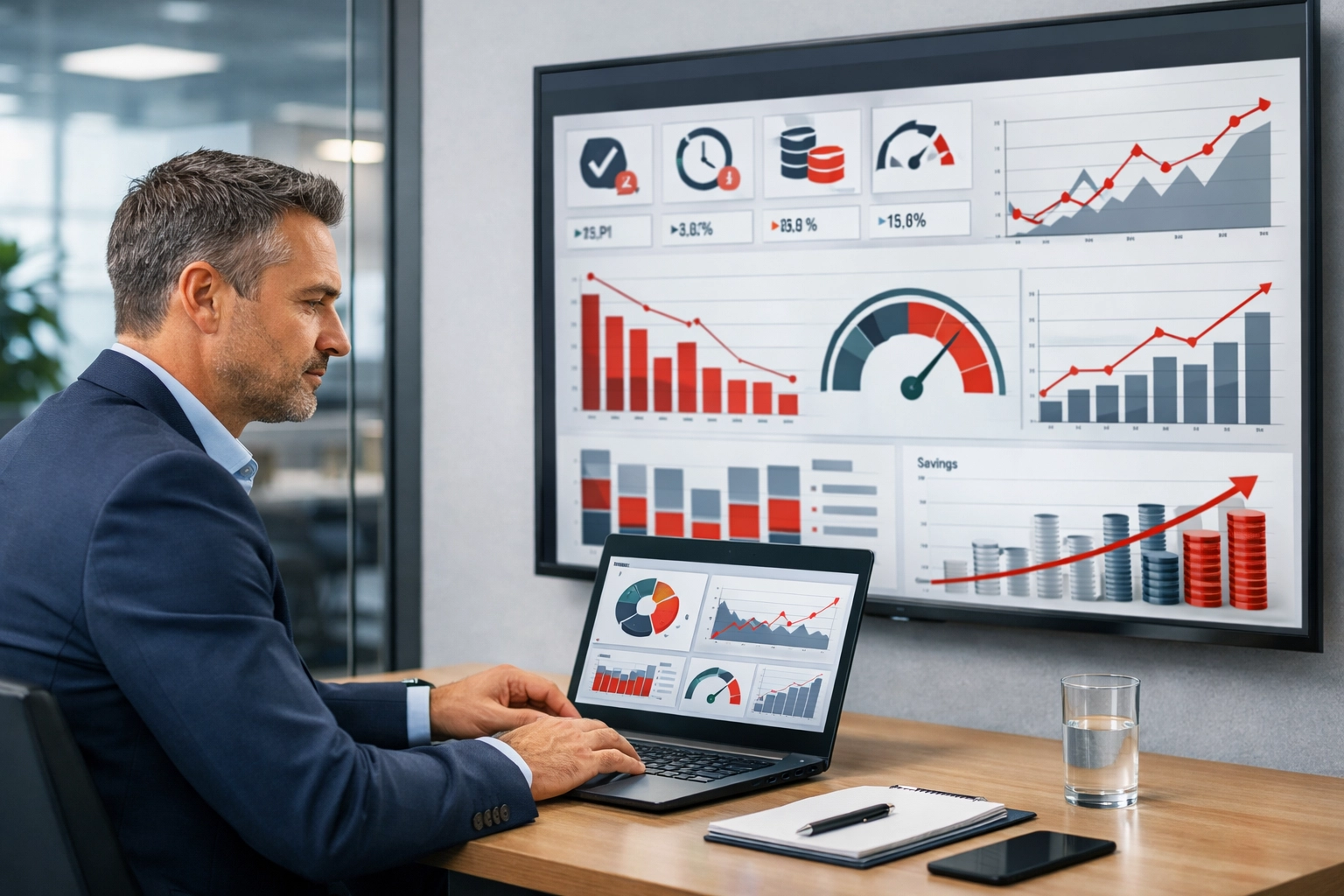 Business executive analyzing data platform ROI metrics and AI infrastructure investment dashboards