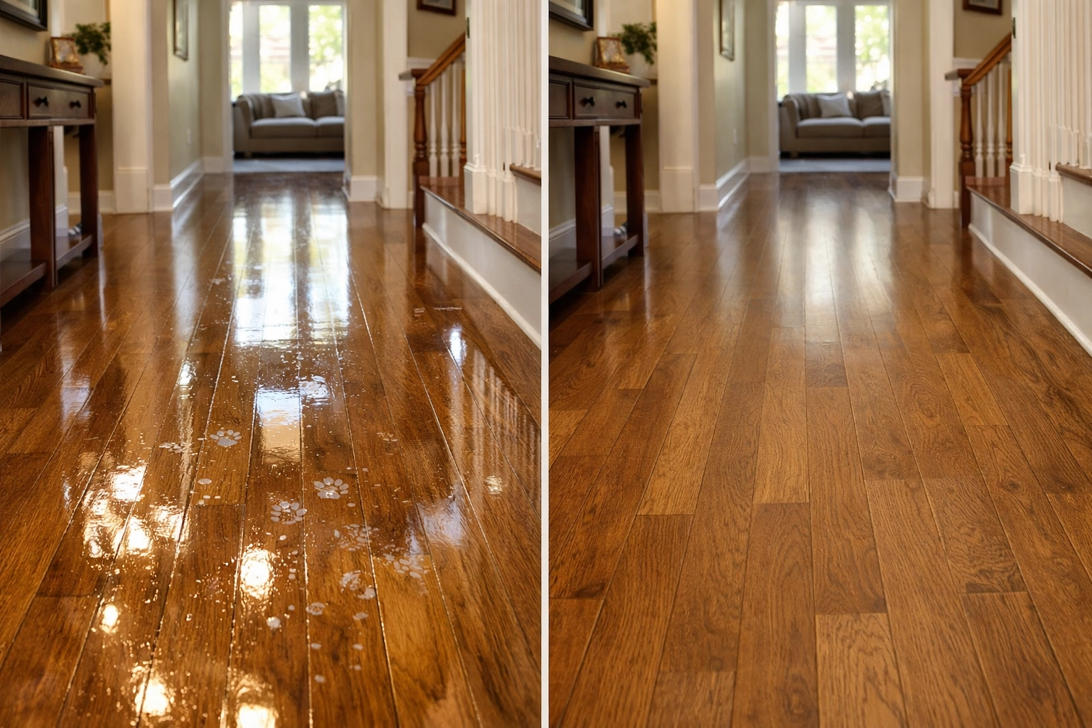 Side-by-side comparison of glossy and matte hardwood floors showing dust and wear visibility