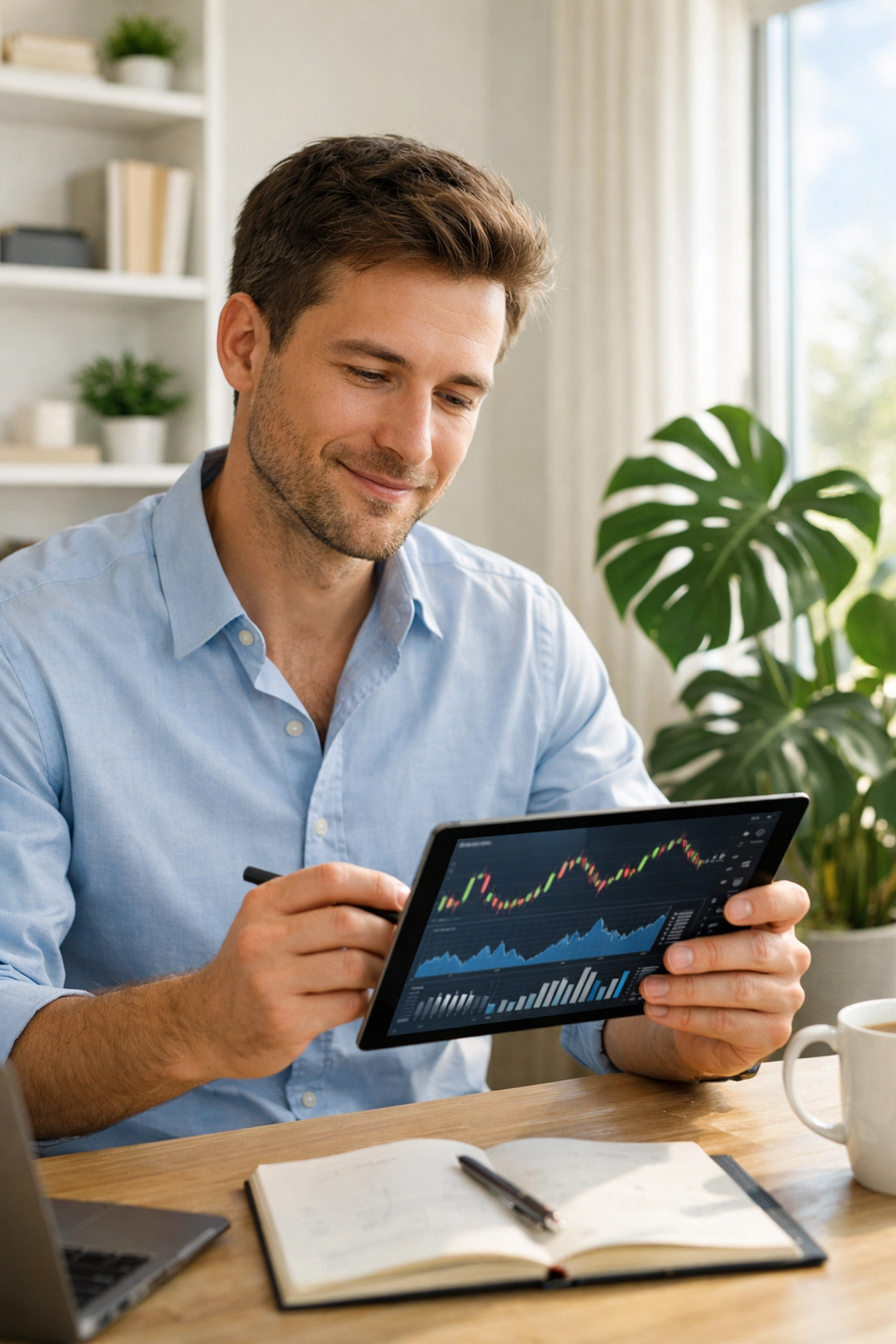 Young professional reviewing 2026 tax bracket charts on a tablet in a bright home office.