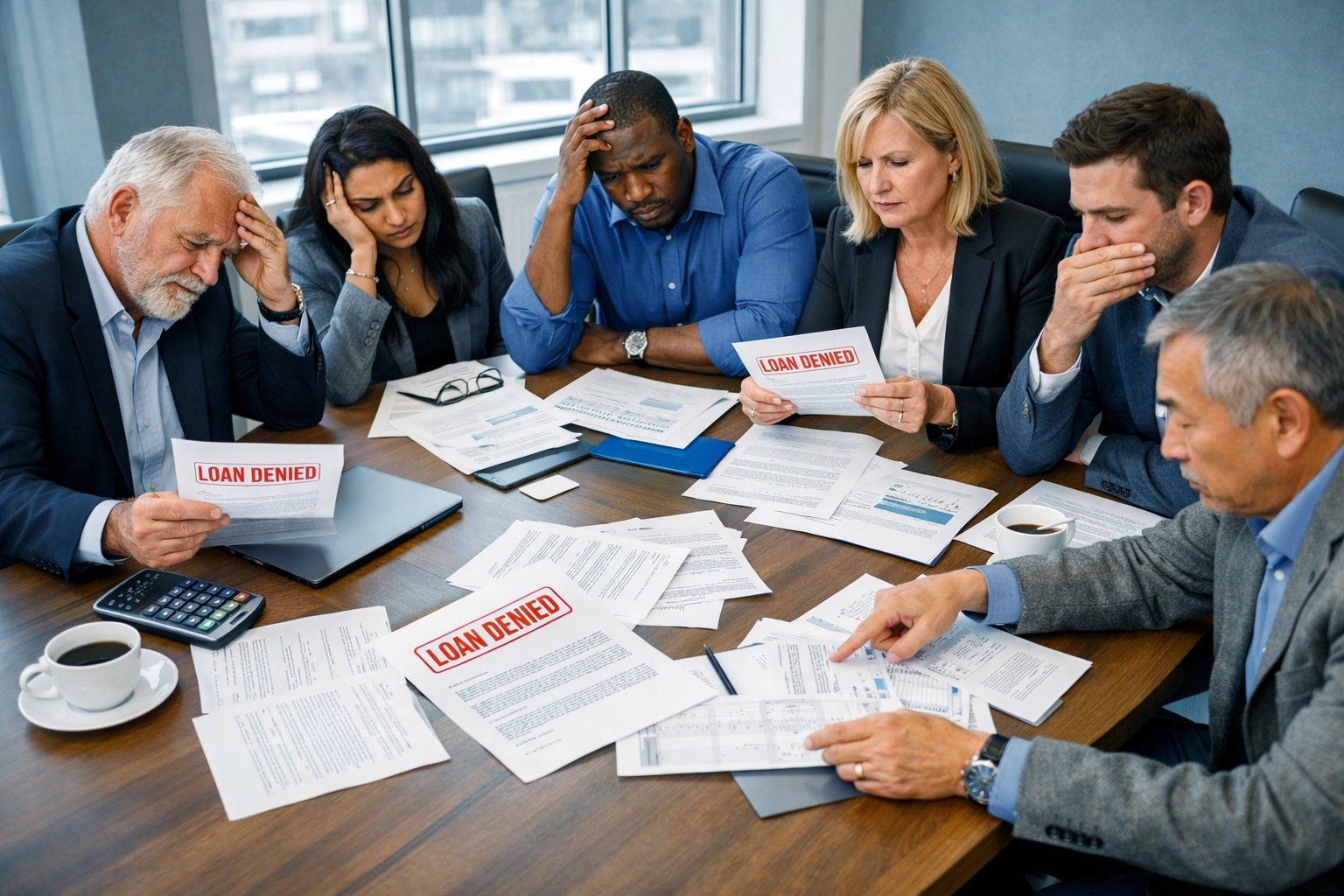 Canadian business owners reviewing bank loan rejection letters at meeting table