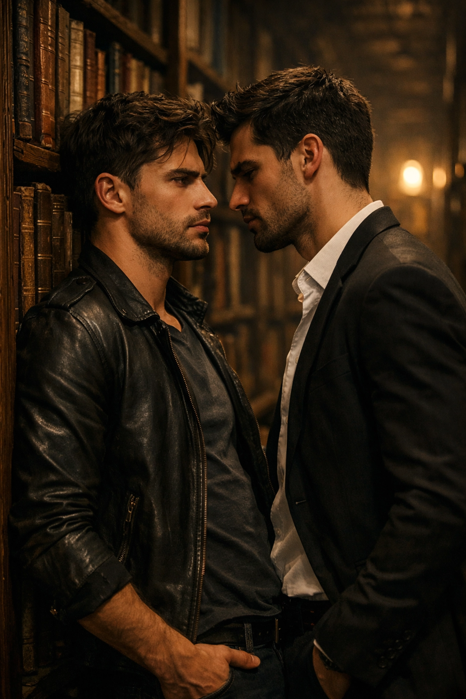 Two men in a library illustrating the enemies-to-lovers trope common in popular MM romance books.