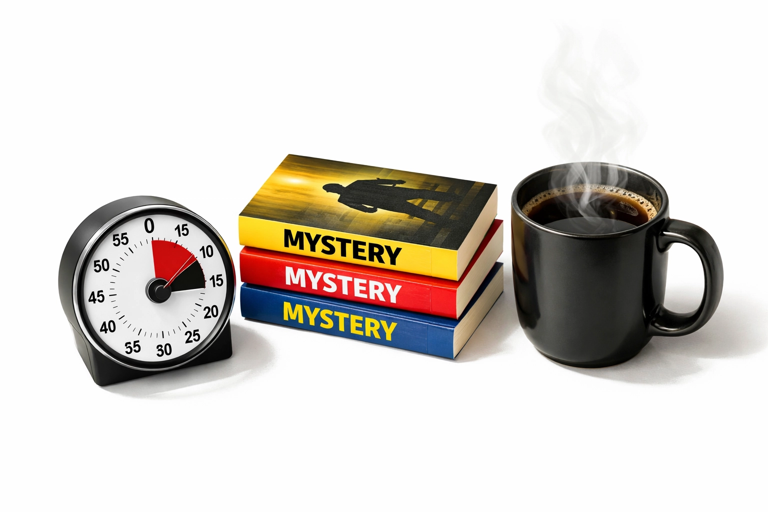 Fifteen minute timer next to stack of short mystery books and coffee for quick reading habit