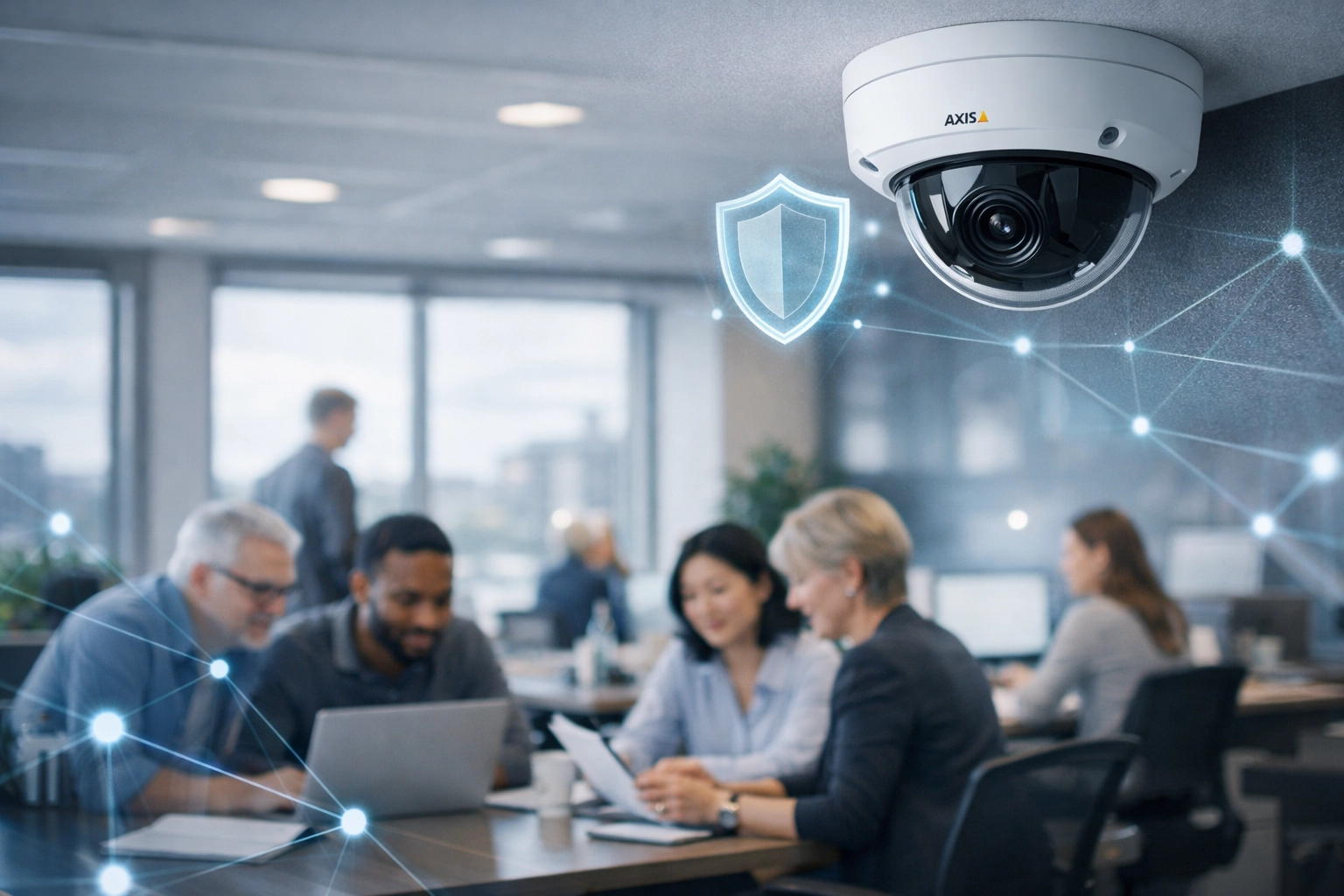 Axis Communications security camera protecting a Michigan business office with integrated Managed IT safety solutions.