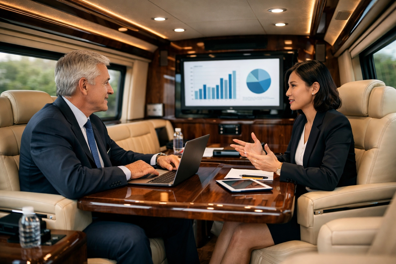 Professional executives networking in a luxury sprinter van mobile boardroom during event transit.