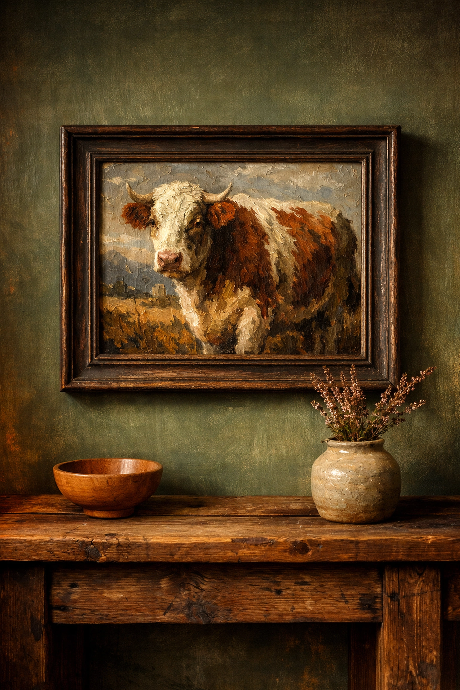 Artisan cow oil painting on a forest green wall, illustrating rustic pastoral home decor.