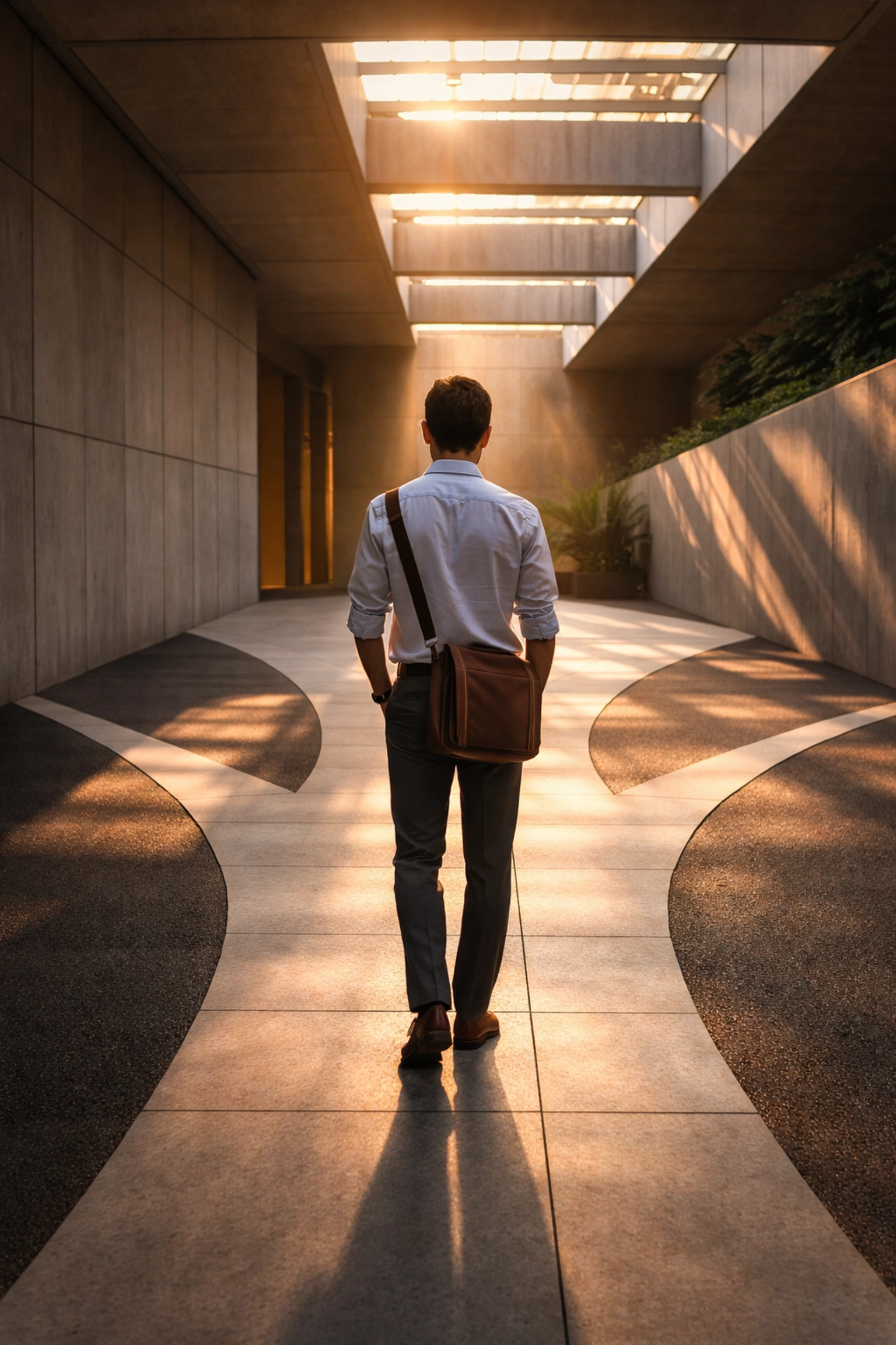 Man at crossroads in modern city, illustrating decision-making and identity reconstruction after divorce