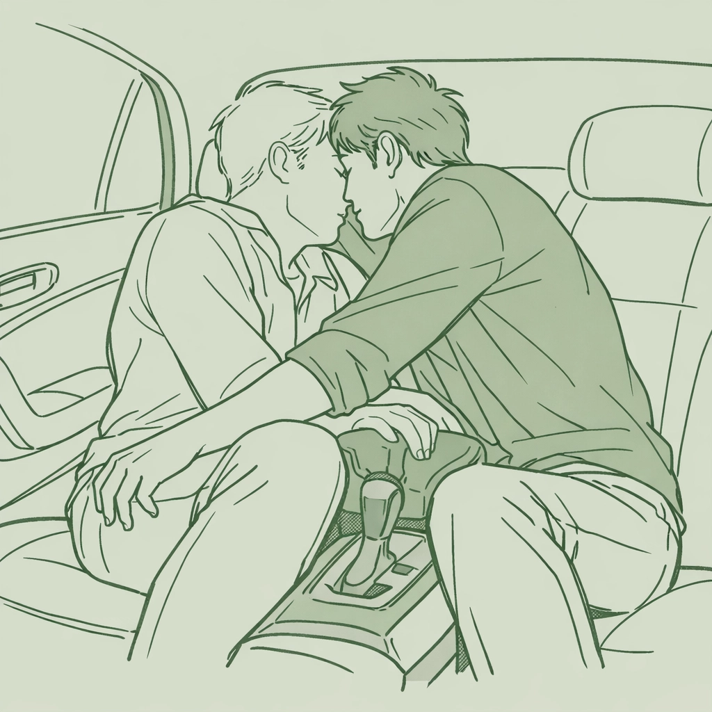 MM couple in confined car back seat showing physical closeness and urgency