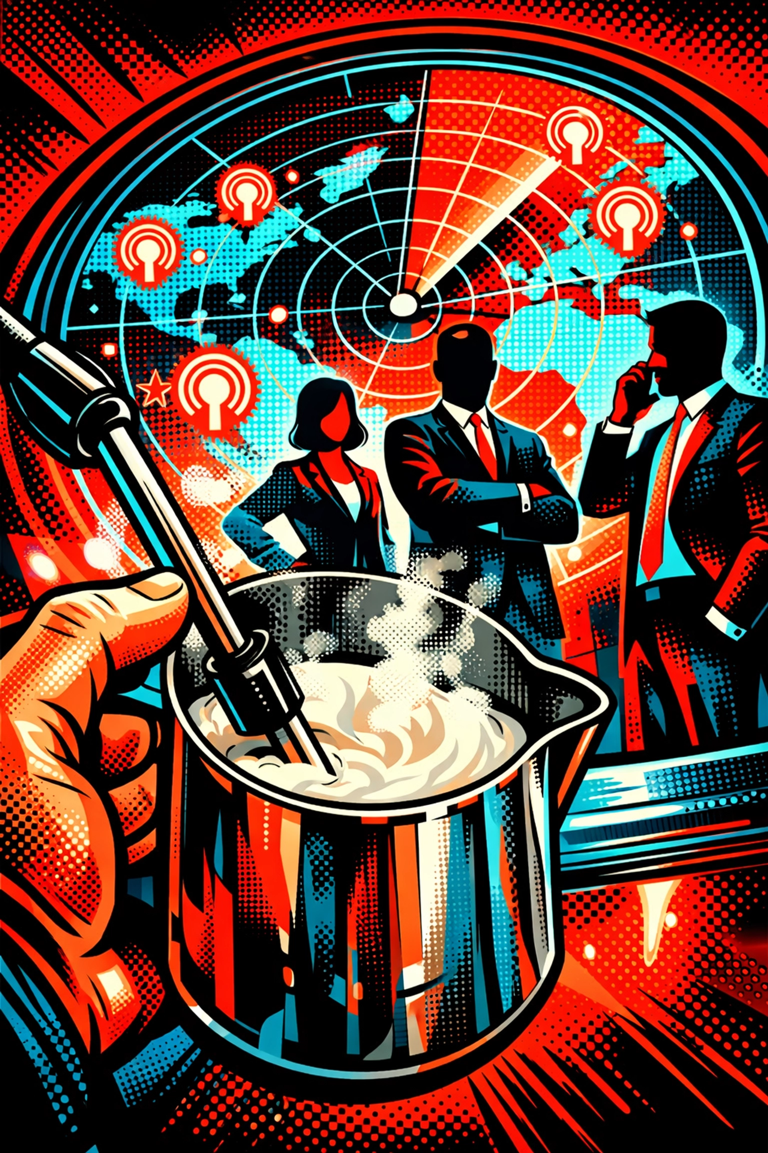 High-contrast illustration of business automation tools tracking new leads while steaming coffee milk.