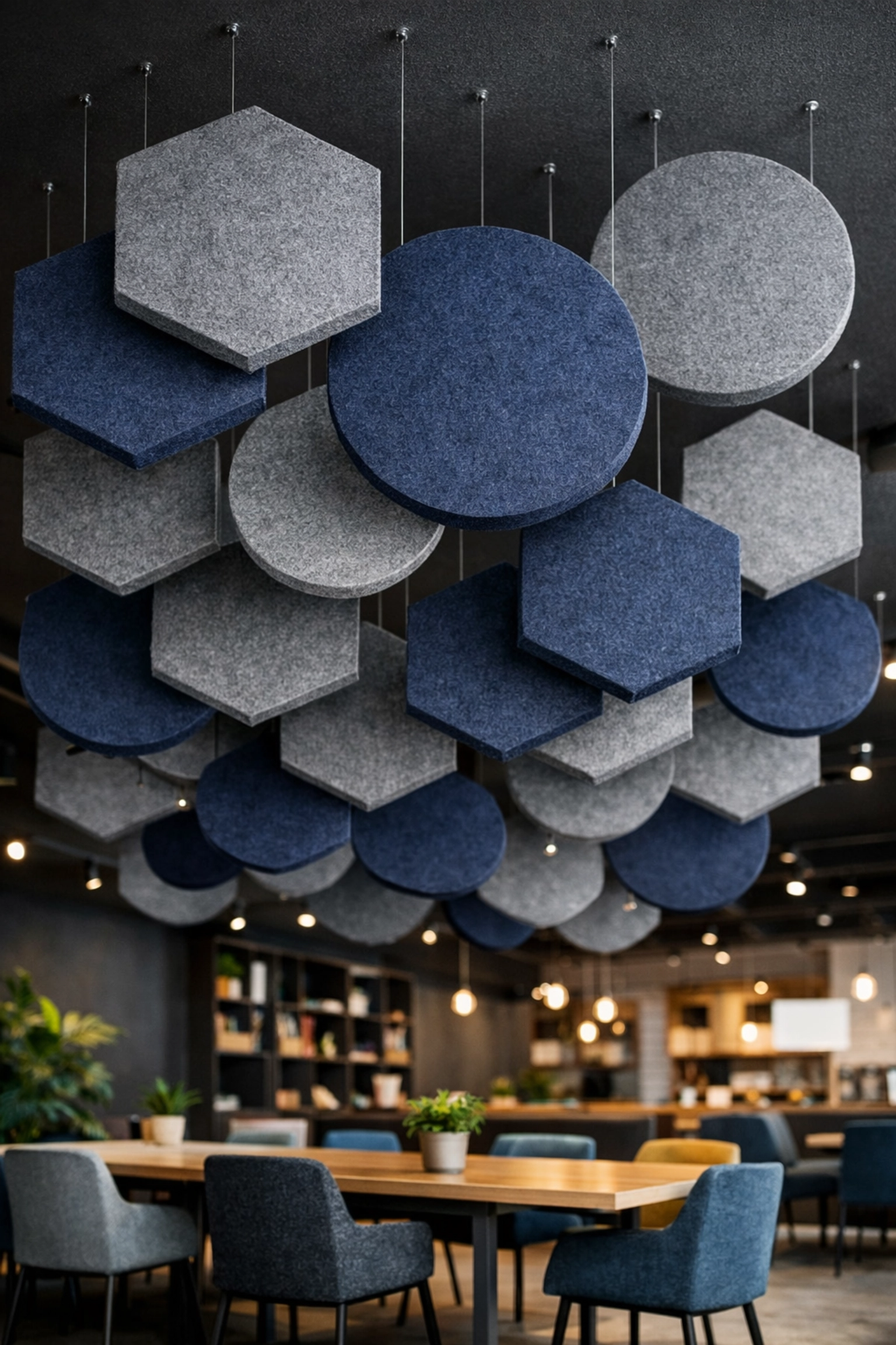 Geometric PET acoustic clouds suspended at varying heights for modern office sound absorption.