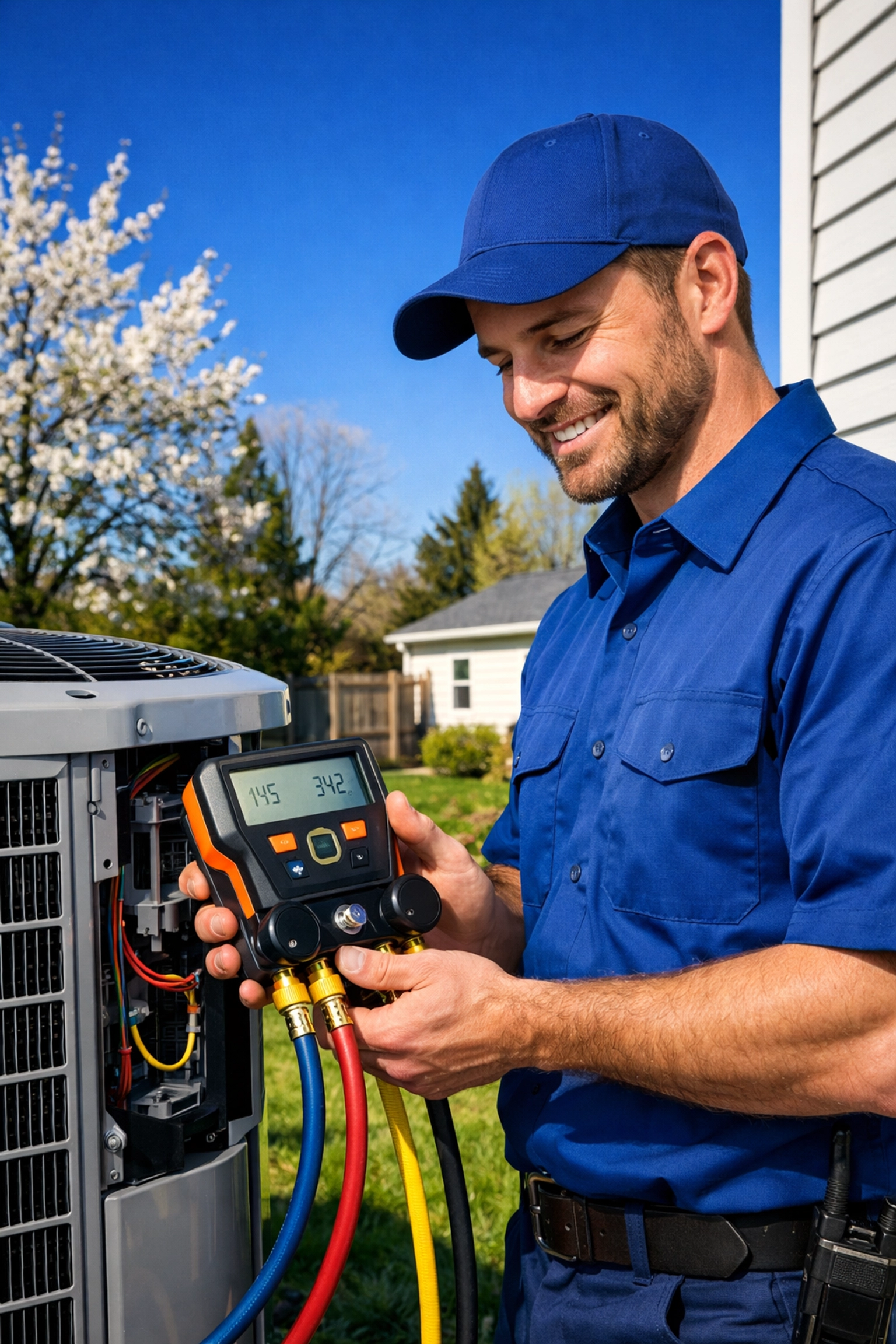 Professional HVAC technician performing an AC tune up on an outdoor unit in Western New York.