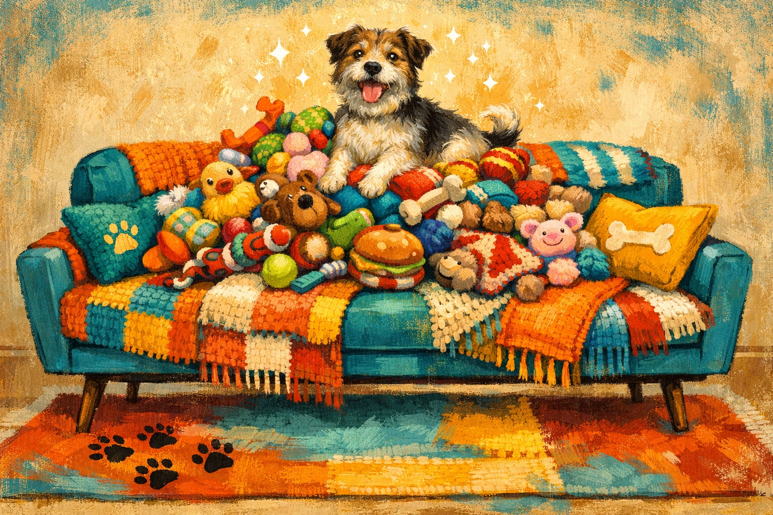 Happy terrier rescue dog on a sofa with blankets and toys after searching to adopt a dog near me.