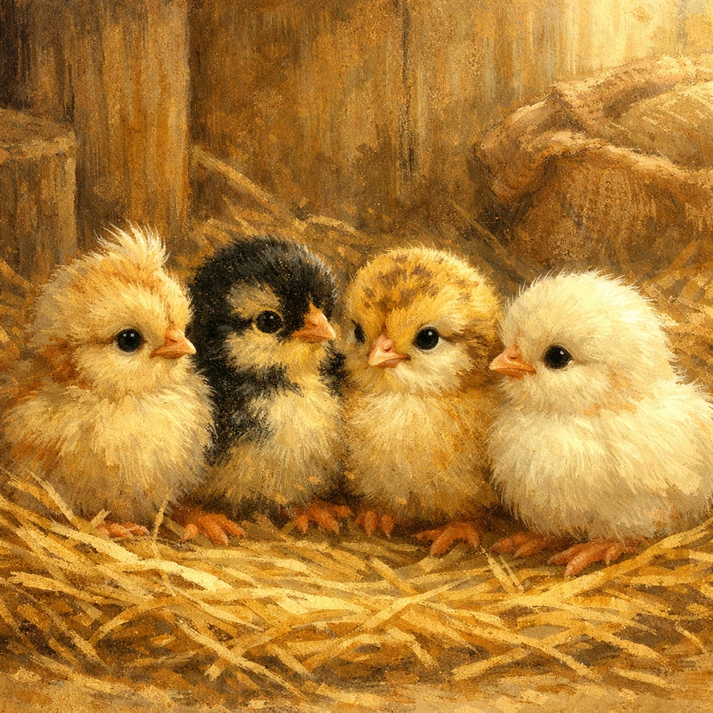 Four fluffy baby chicks huddle together in warm straw inside the farm's cozy wooden barn.