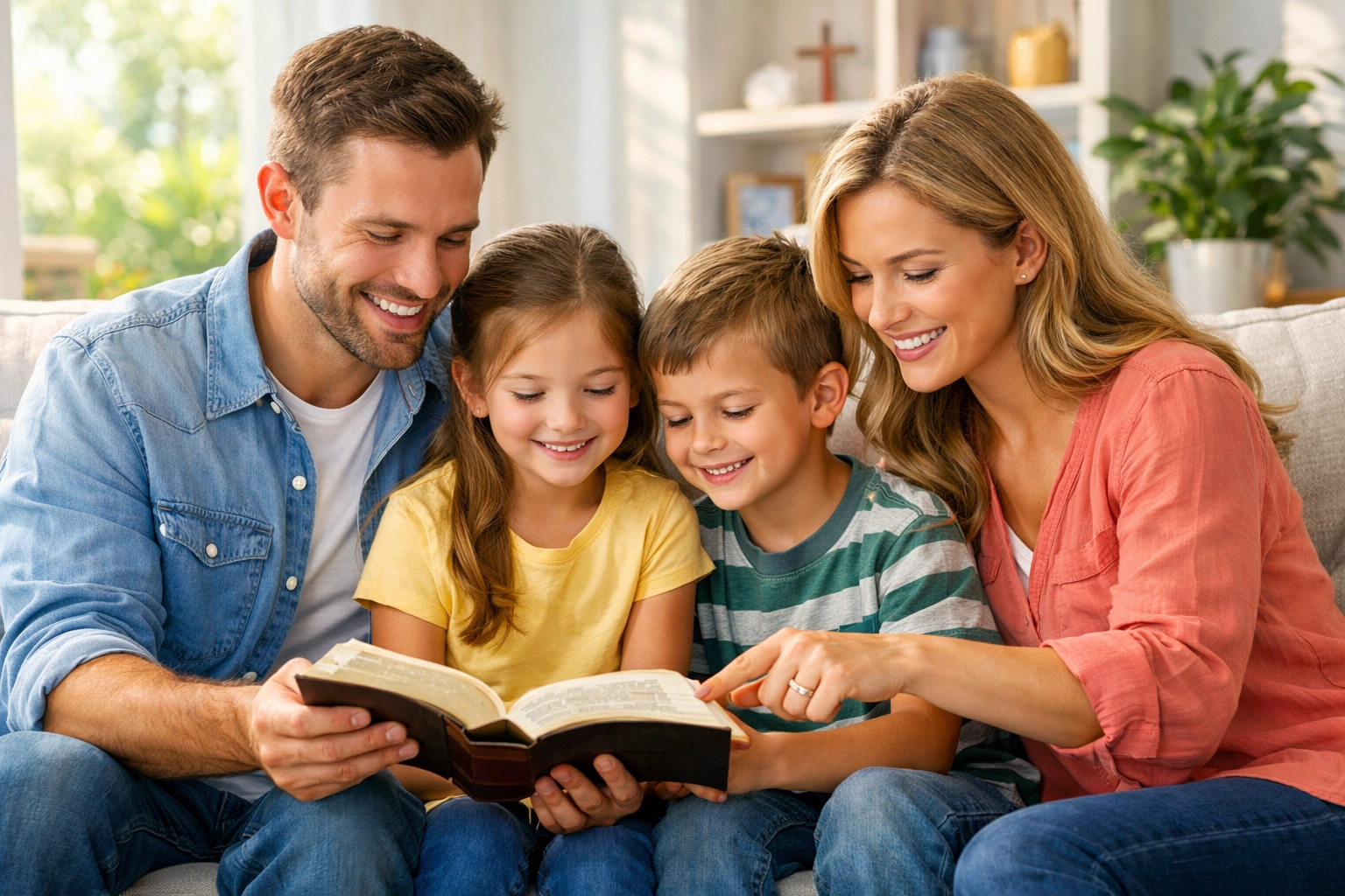 A joyful family Bible study session at home illustrates growing in faith through consistent spiritual habits.