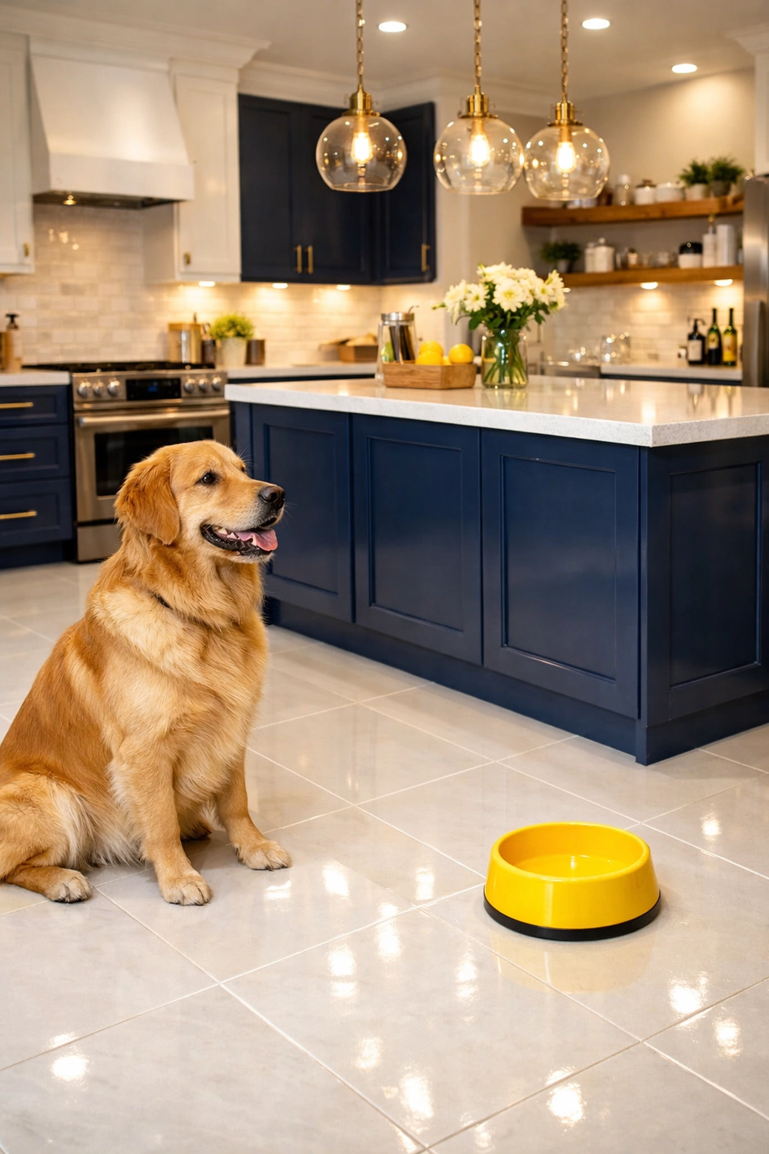 Spotless pet-friendly kitchen with a dog, using safe products from professional cleaning services near me.