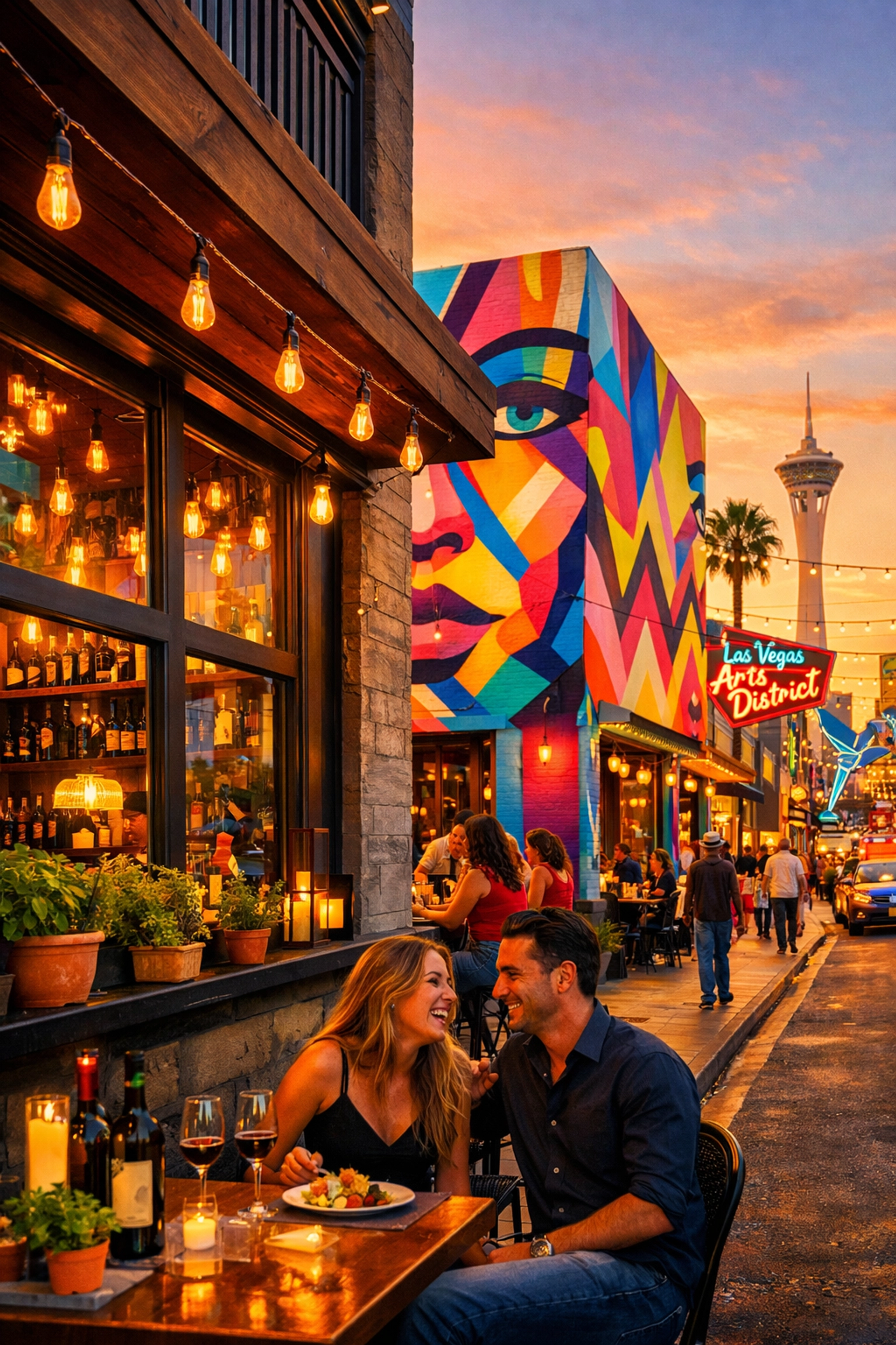 Colorful street murals and outdoor dining in the Las Vegas Arts District at golden hour