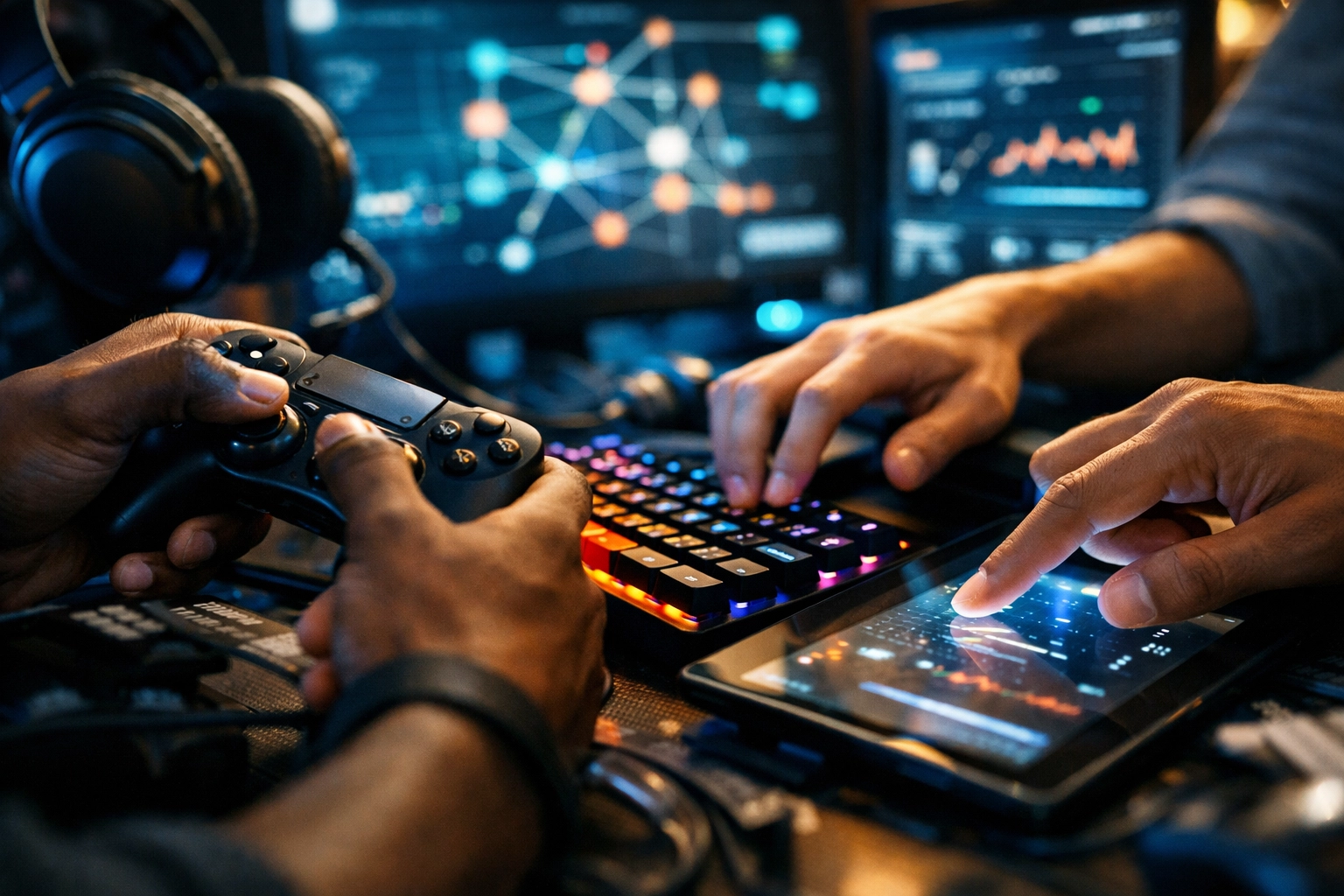 Diverse students using gaming controllers and technical equipment for cloud and AI skill development