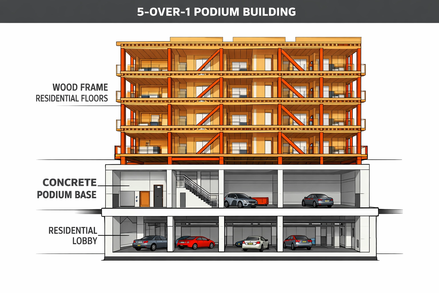Cross-section diagram of 5-over-1 podium building showing wood-frame over concrete base