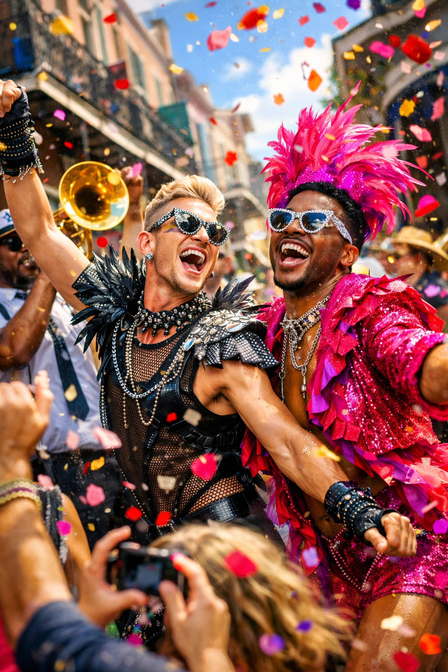 Queer revelers in vibrant costumes dancing during a lively New Orleans Southern Decadence street parade.