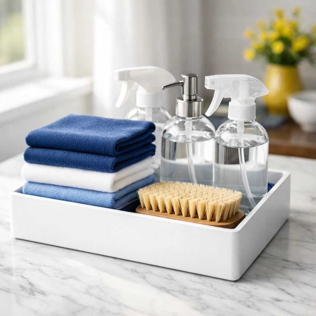 Eco-friendly cleaning supplies and microfiber cloths ready for Spring Cleaning in Massachusetts.