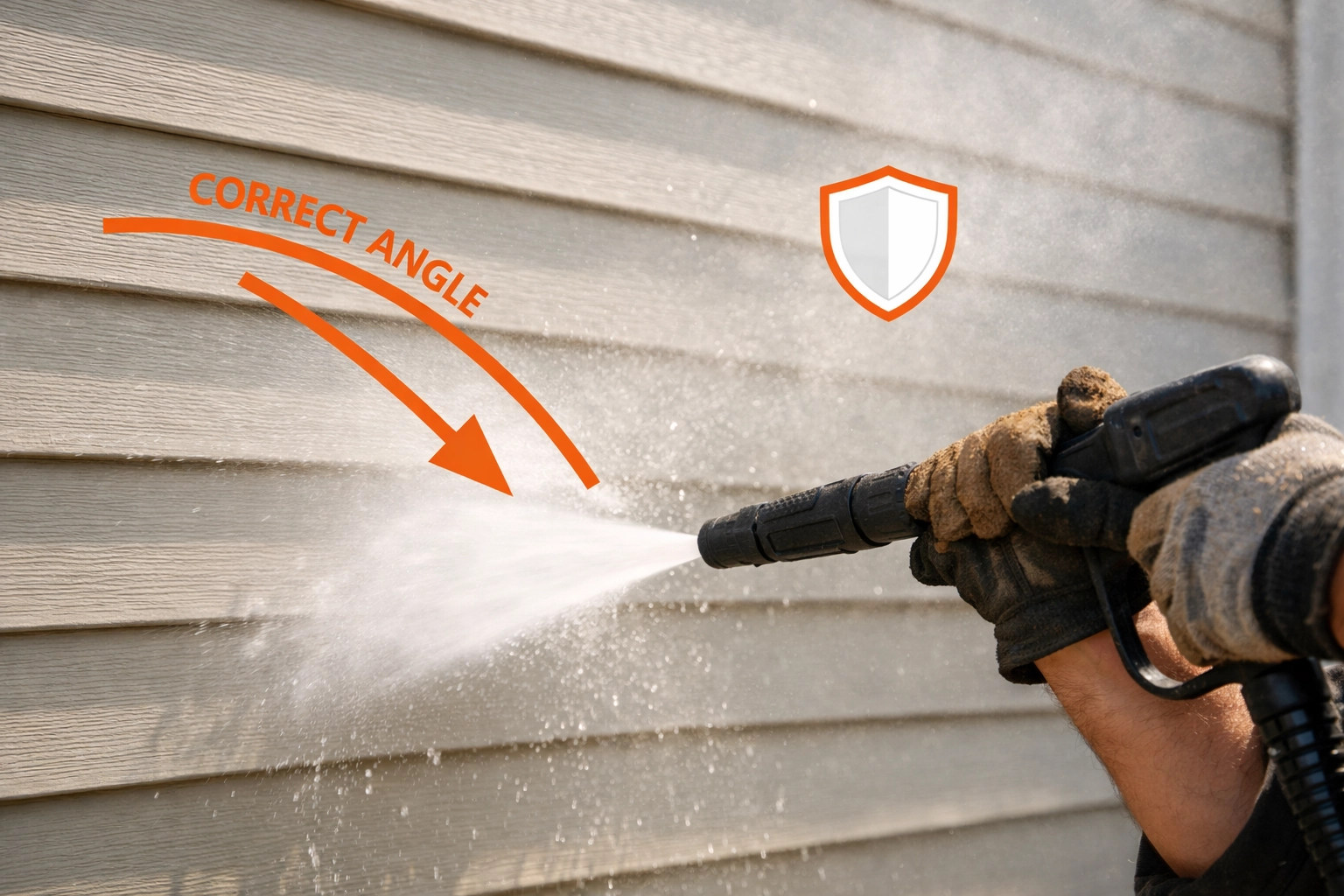 Safe pressure washing technique on home siding using a downward angle and proper gear.
