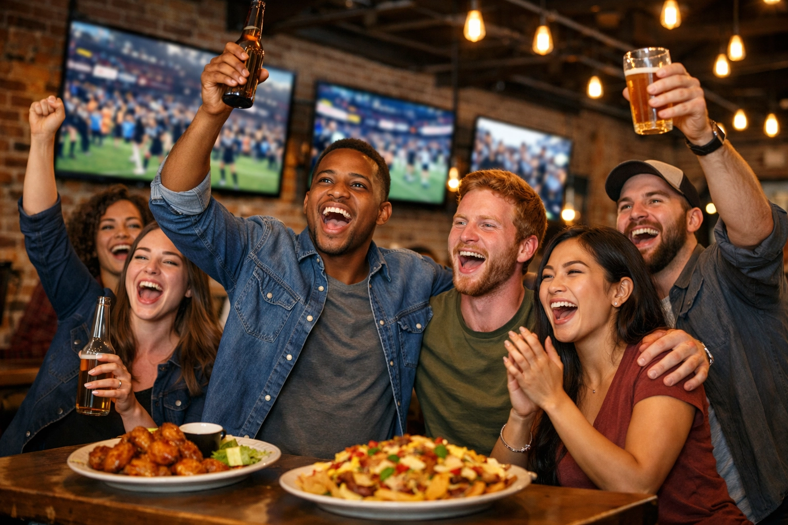 Friends watching Super Bowl at a Prince William County sports bar with wings and drinks