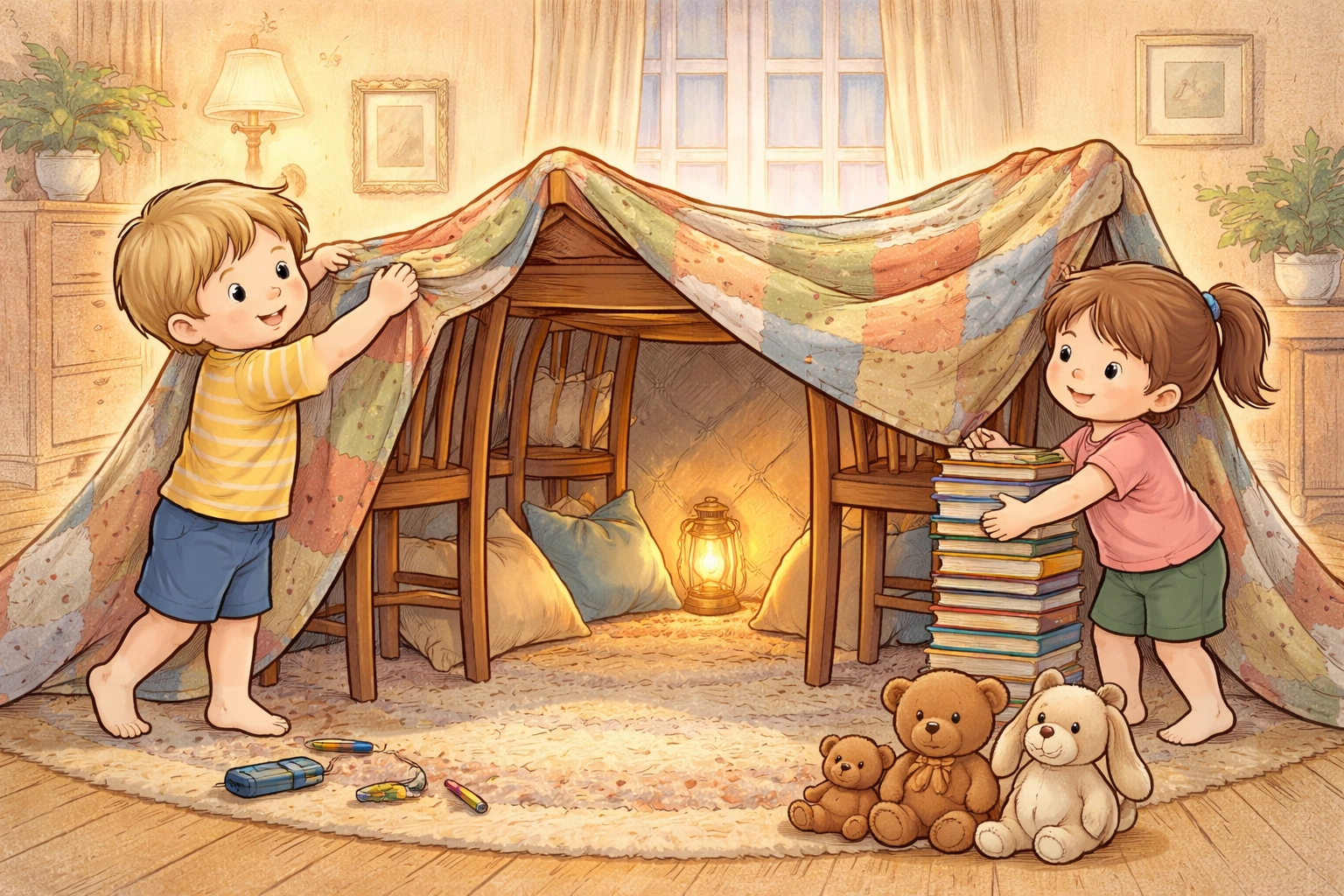 Kids build a blanket fort, covering chairs with a colorful quilt for an indoor camping adventure