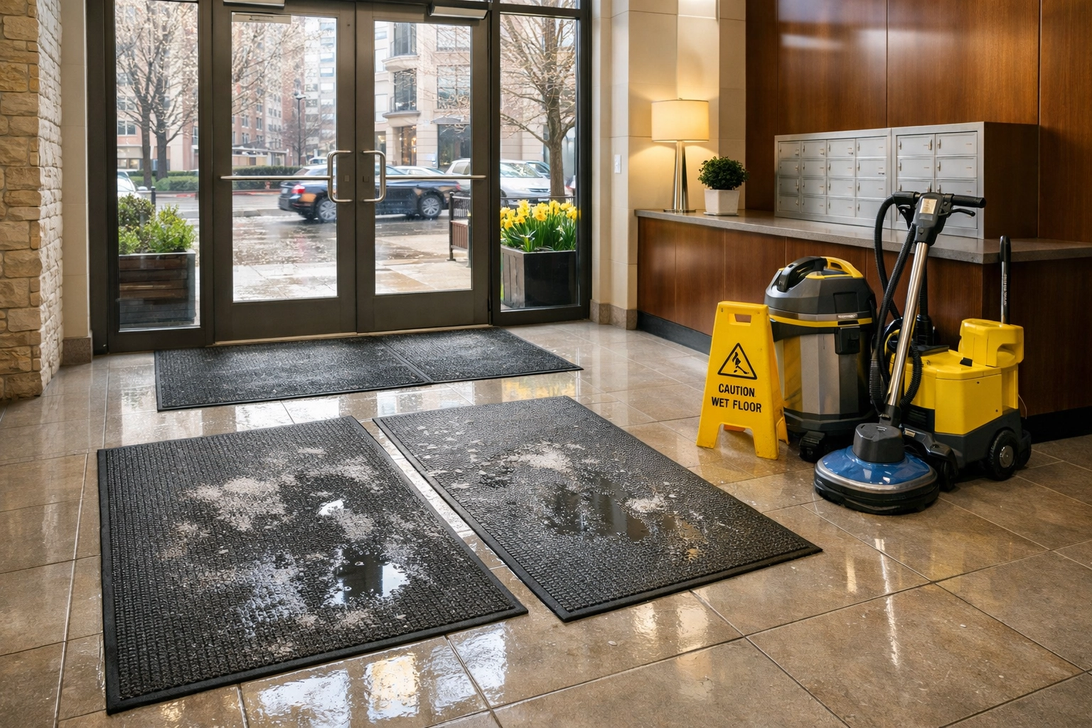 Modern apartment building entryway with floor mats managing Midwest salt and moisture during spring
