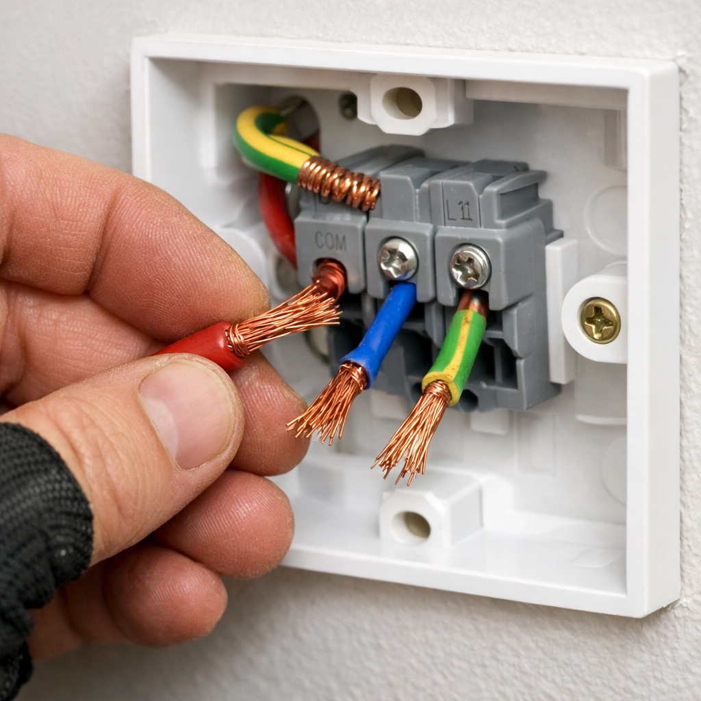 Electrician in Bournemouth inspecting exposed copper wiring from a dangerous DIY electrical mistake.