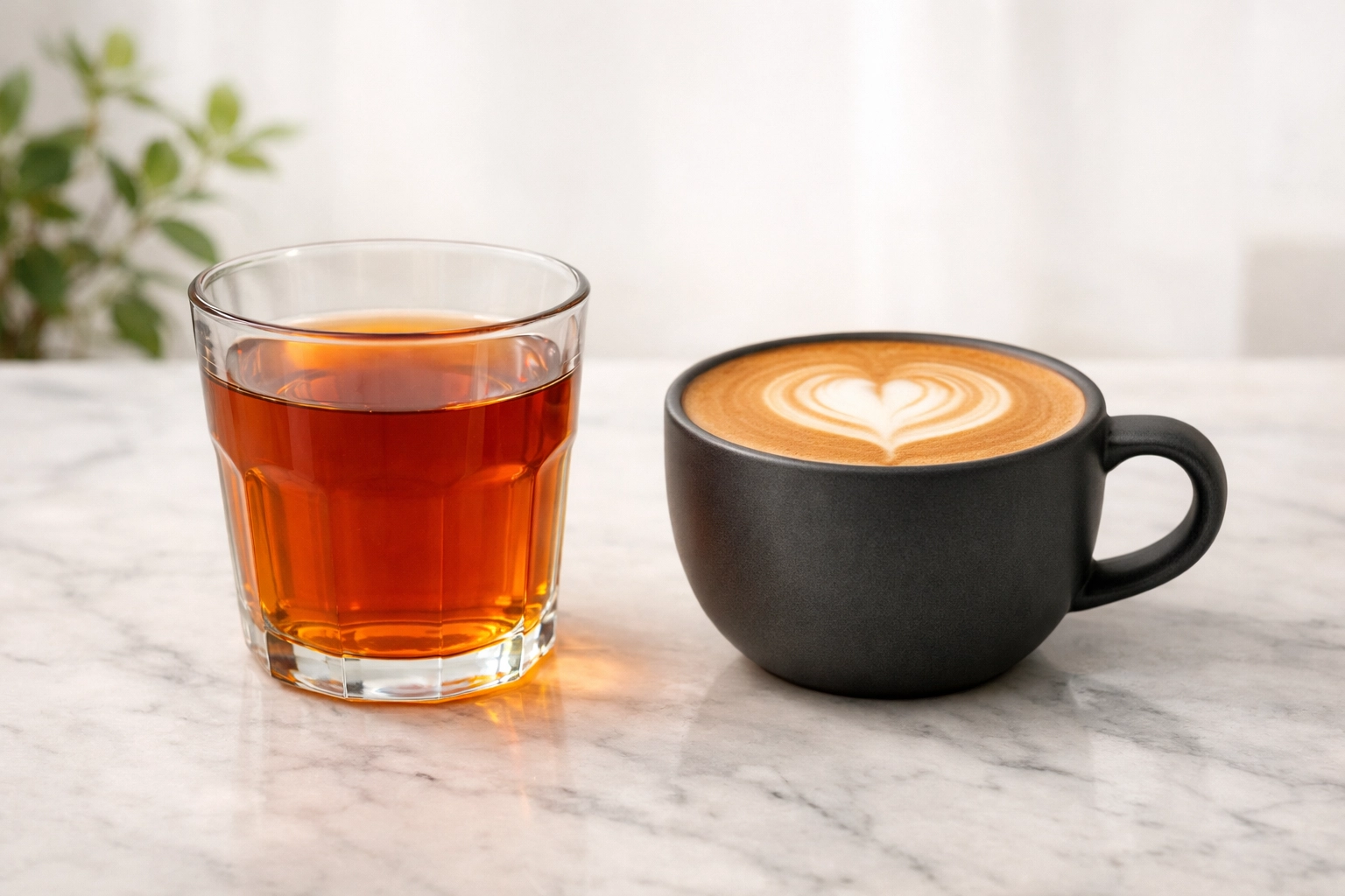 A comparison of clear single-origin pour-over coffee and a creamy latte with heart-shaped latte art.