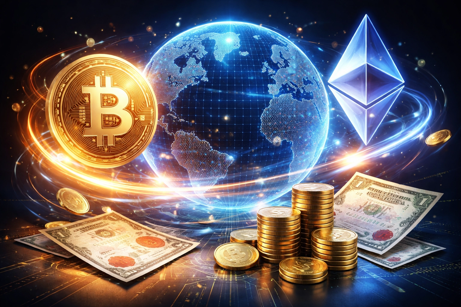 Visual representation of digital assets and traditional finance integration with Bitcoin, Ethereum, gold, and stock symbols.