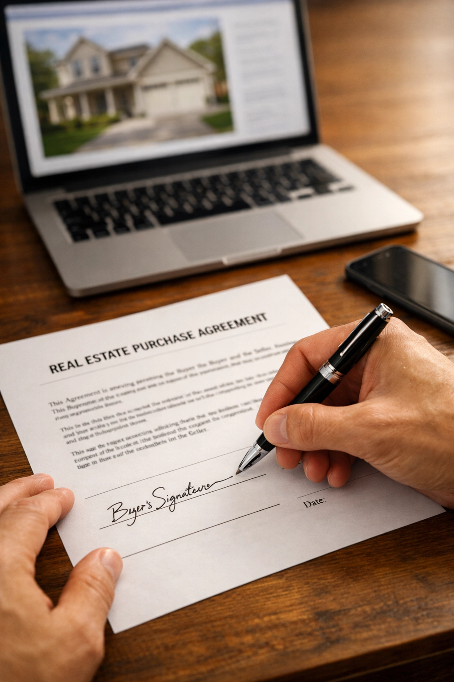 Homeowner signing real estate purchase agreement contract for FSBO home sale transaction