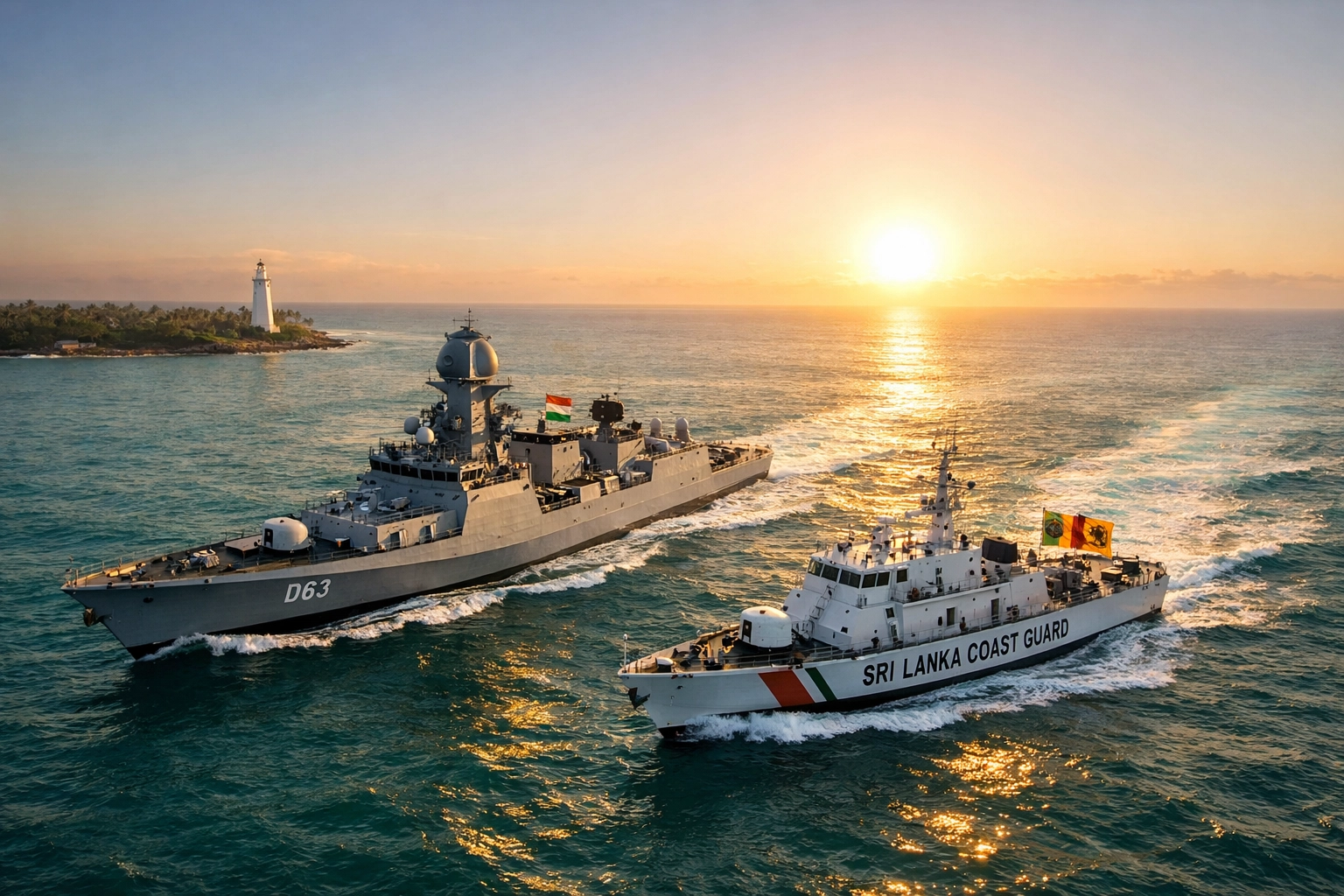 Indian and Sri Lankan naval vessels patrolling the Indian Ocean to secure maritime trade routes.