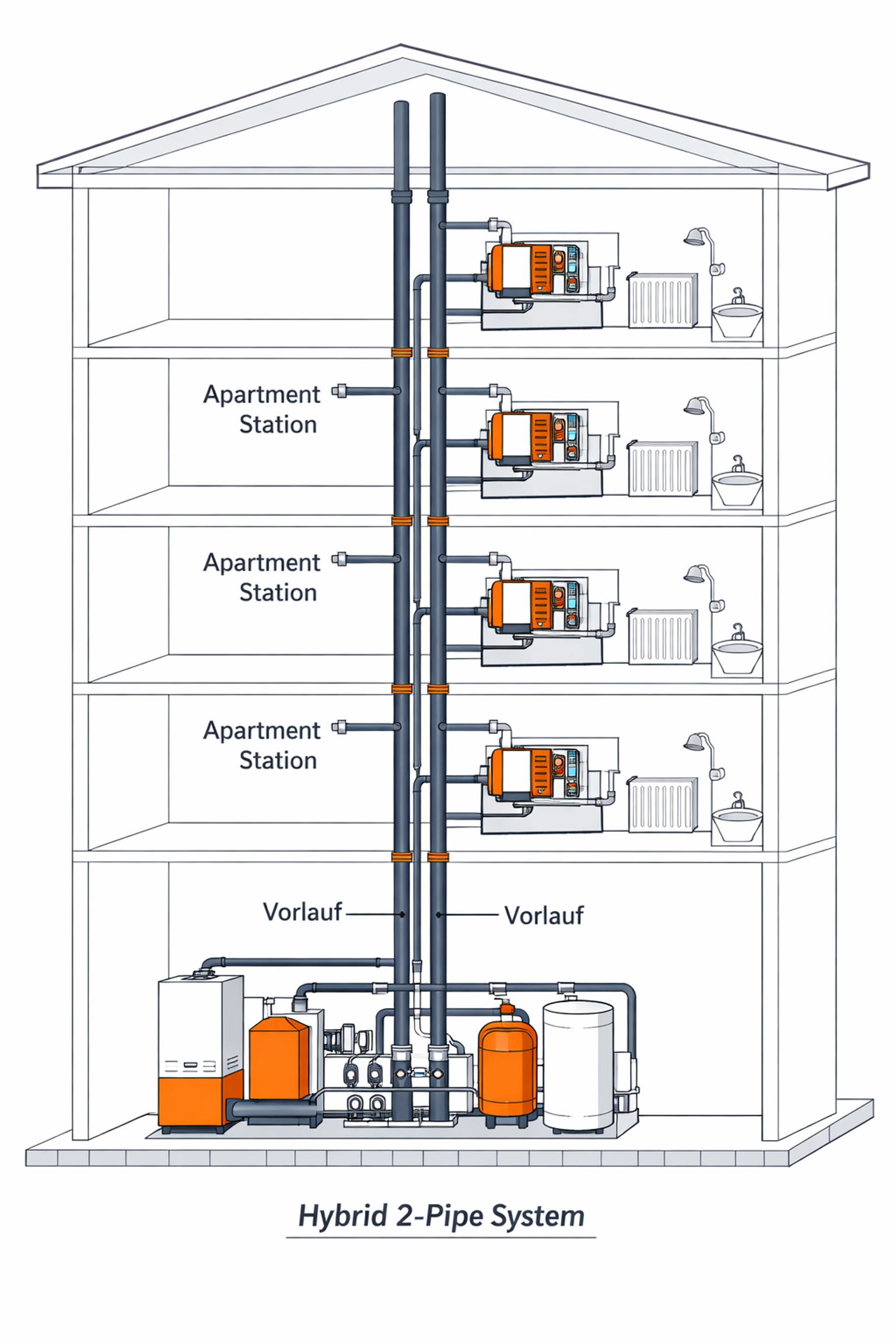 Hybrid 2-Rohr-System mit Wohnungsstationen im Gebäudequerschnitt
