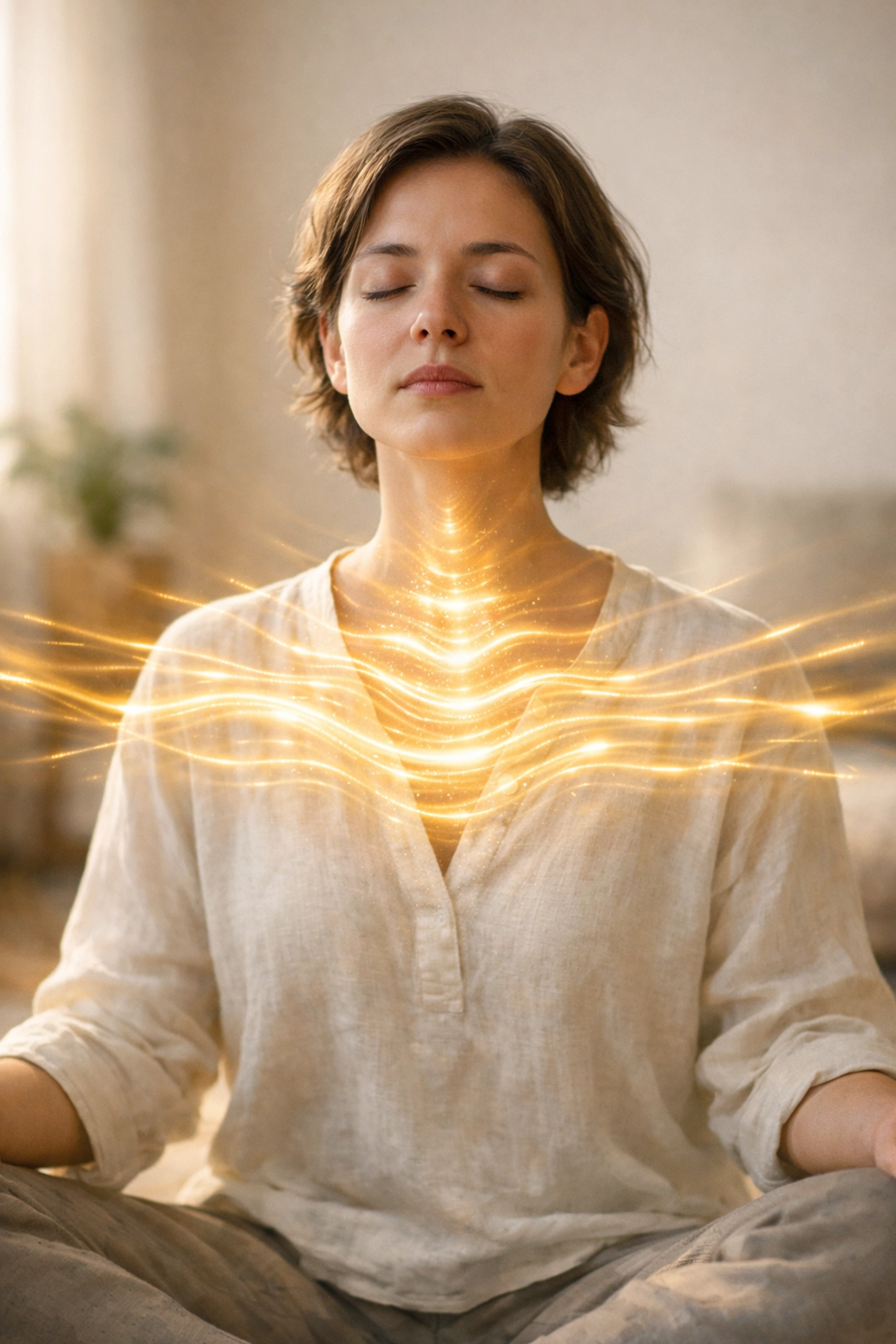 Illustration of a person practicing Voo chanting to stimulate the vagus nerve and promote calm.