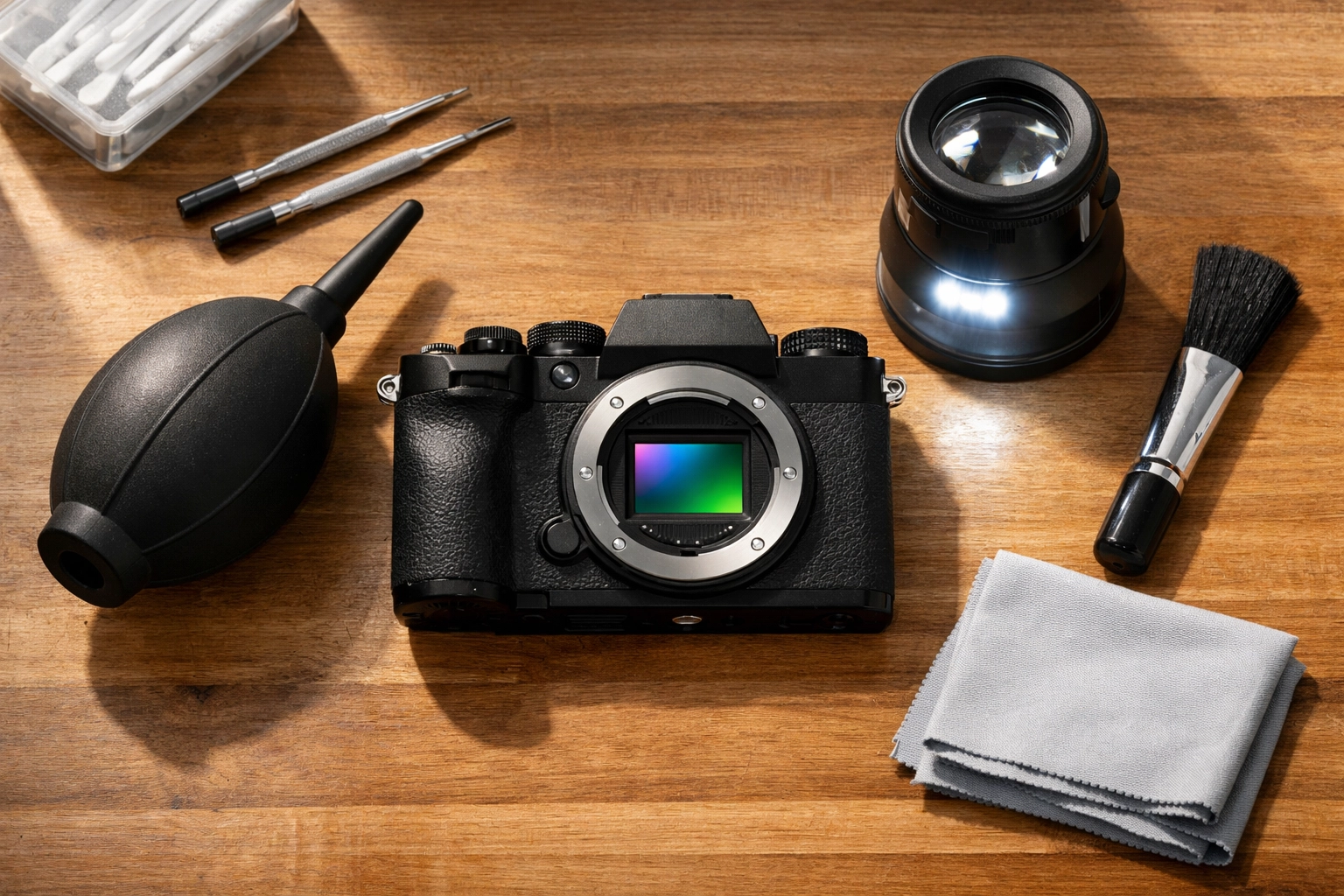 Camera maintenance kit and mirrorless camera on a workbench to extend gear life instead of upgrading.