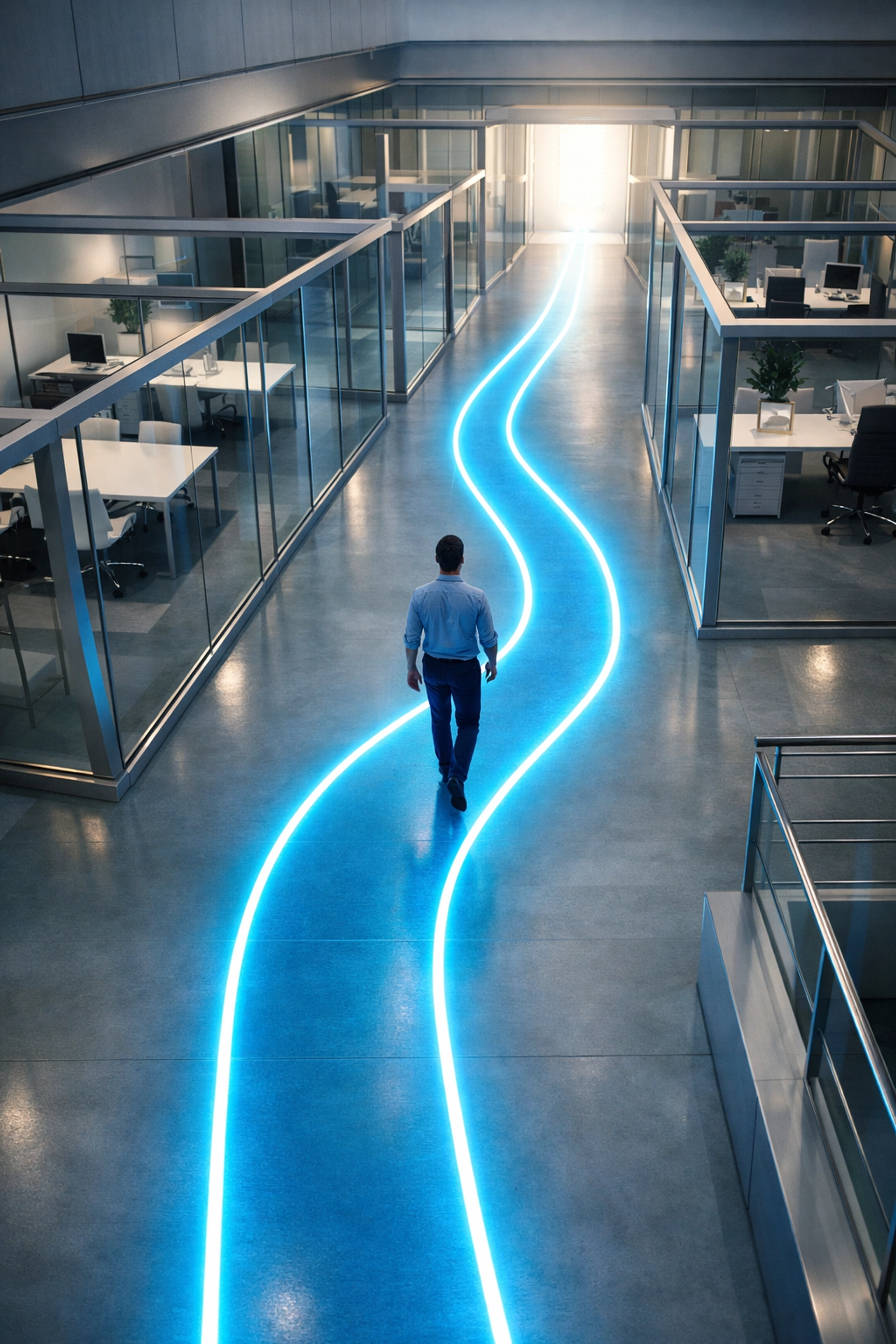 A glowing blue path through a modern office symbolizing a seamless user journey and intuitive website navigation.