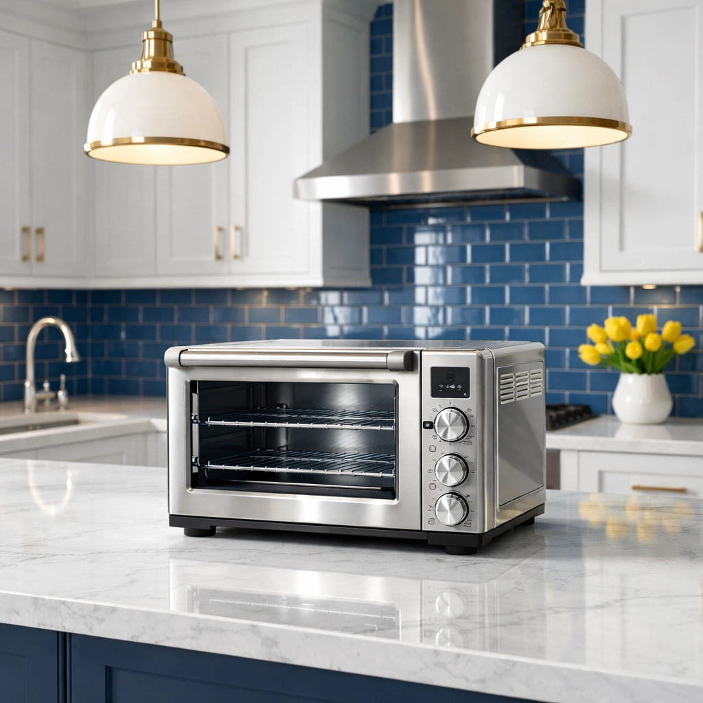 A sparkling clean toaster oven sitting on a kitchen island, showing the professional result of a deep clean.