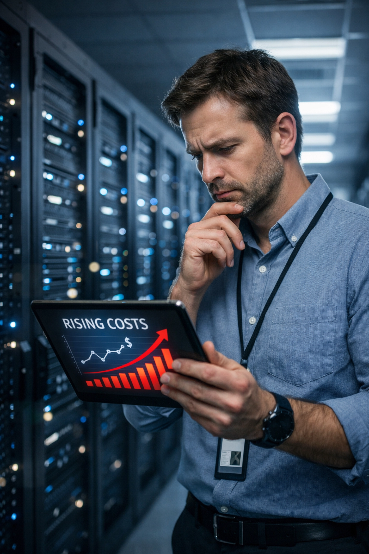 IT professional reviewing VMware licensing costs in Spokane datacenter server room
