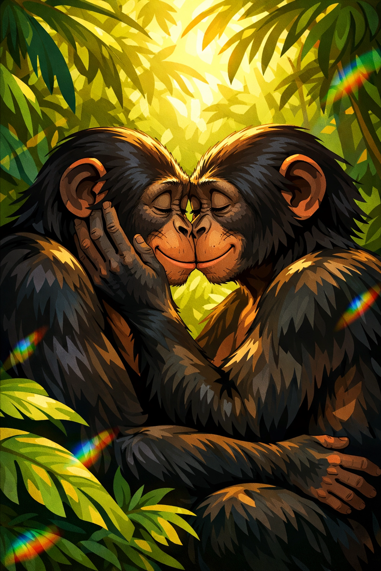 Female bonobos embracing in a tropical jungle to illustrate same-sex social bonding and conflict resolution.