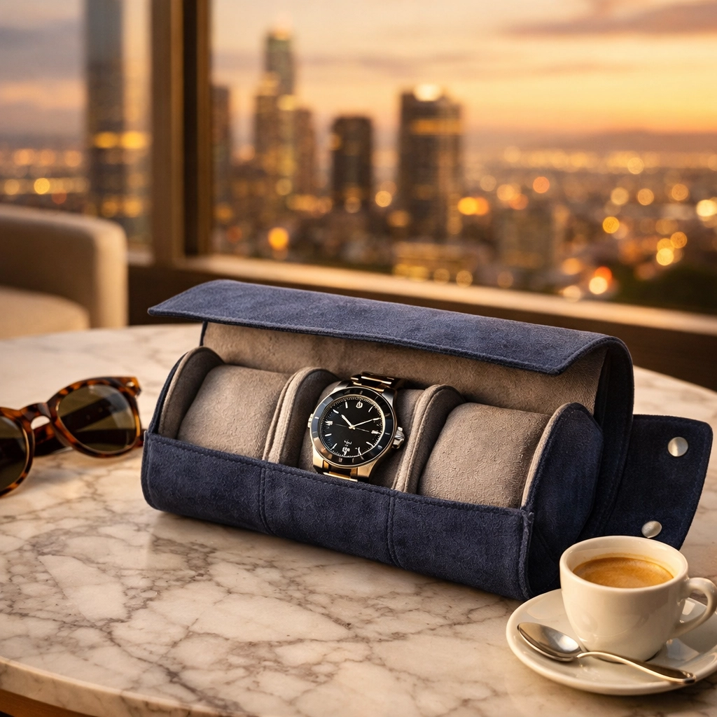 A premium suede watch roll in a luxury penthouse, representing the process of sourcing rare pre-owned timepieces.