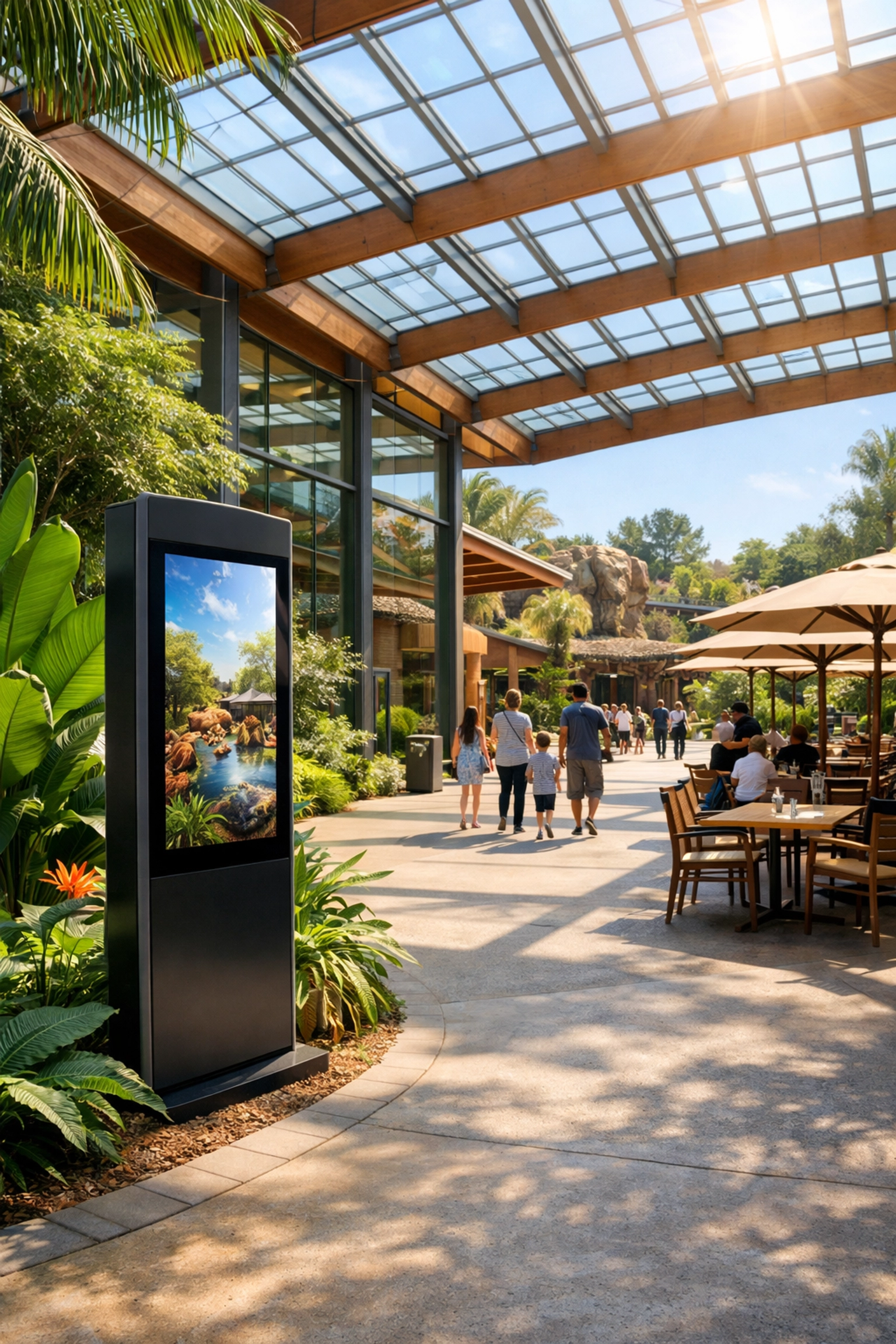 Strategic placement of a vertical digital media kiosk for interactive advertising in a modern zoo environment.