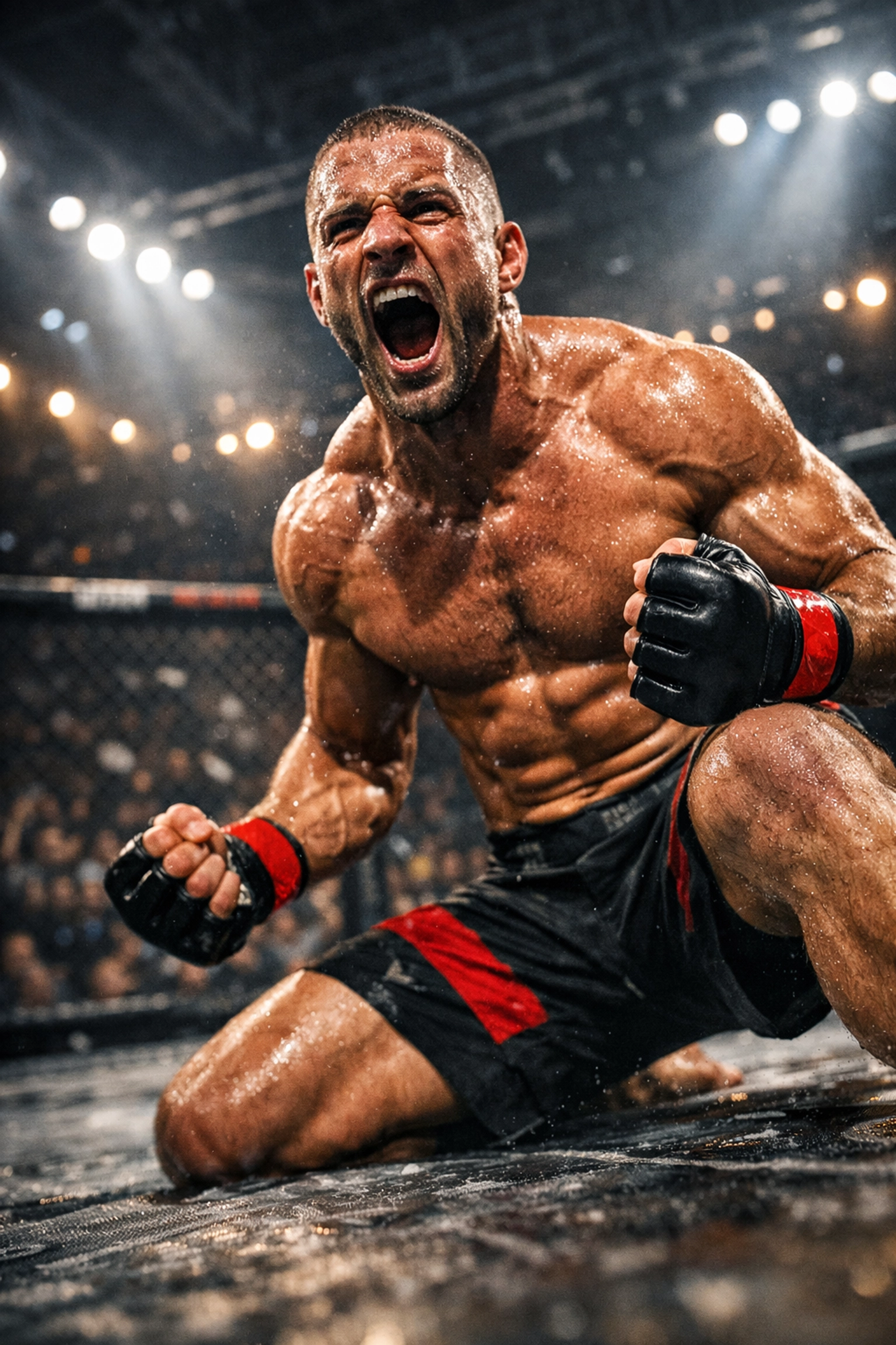 Elite MMA fighter celebrating victory in the cage, showcasing the intensity of live combat sports streaming.