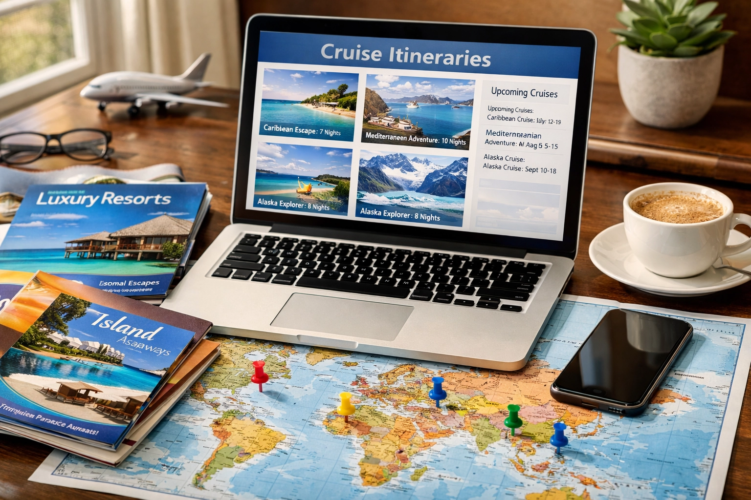 Travel agent workspace with cruise itineraries and resort planning materials