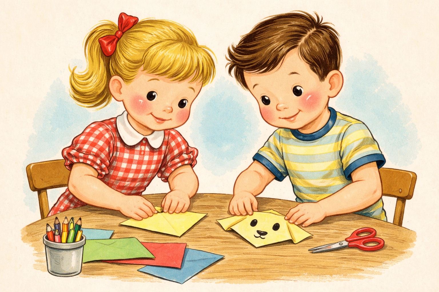 Children folding paper into an origami dog face, demonstrating an easy origami animal craft