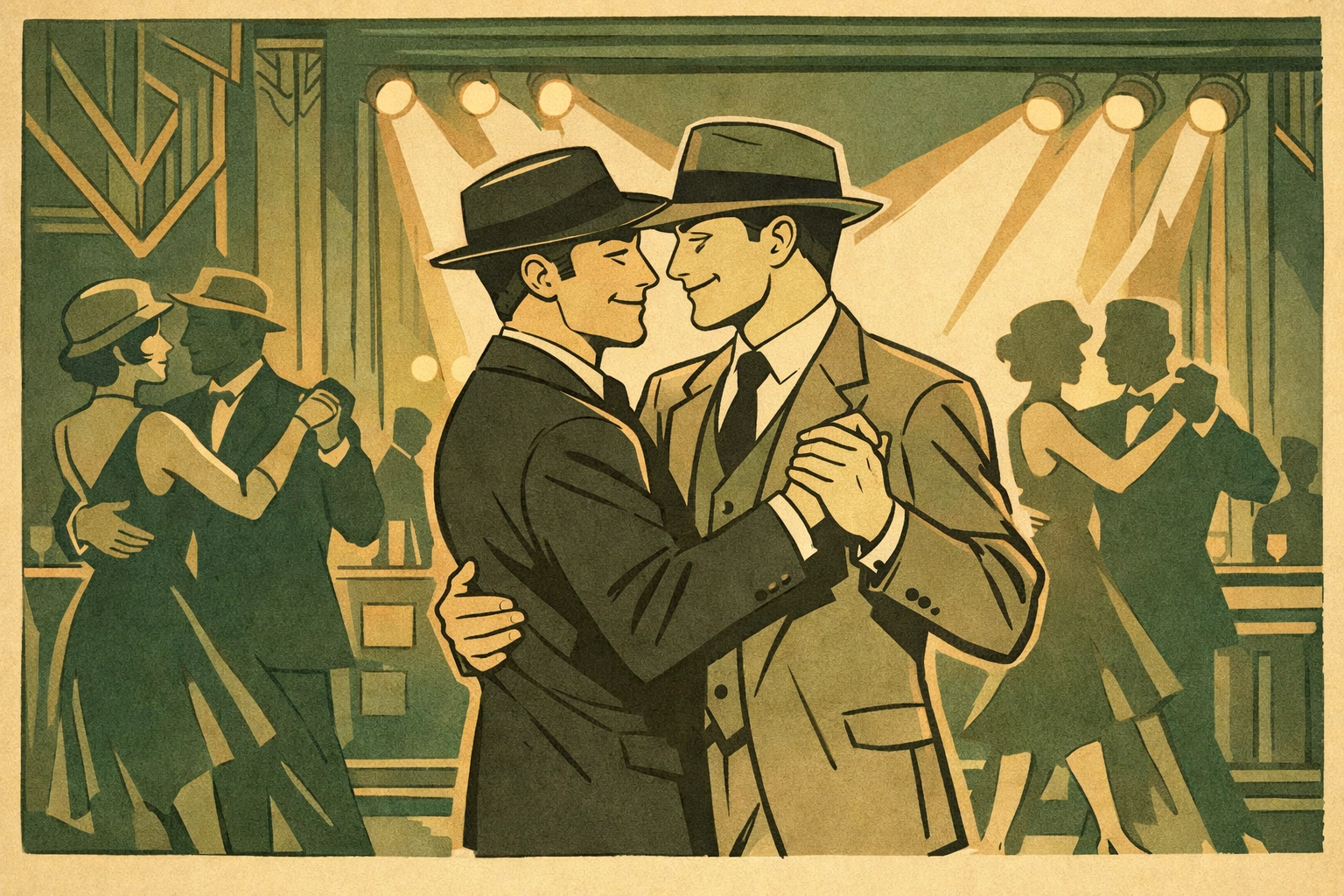 Two men dancing at 1920s Berlin gay cabaret representing Weimar era freedom